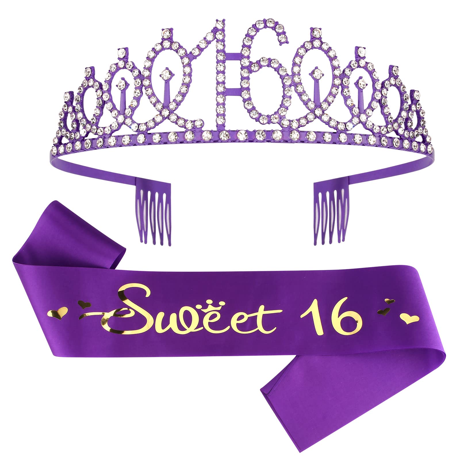 16th Birthday Party Decorations for Girls - Purple Crown, Sash & Cake Topper Set | Sweet 16 Celebration Essentials | Perfect for Quinceañera, Birthday Photos & Special Occasions
