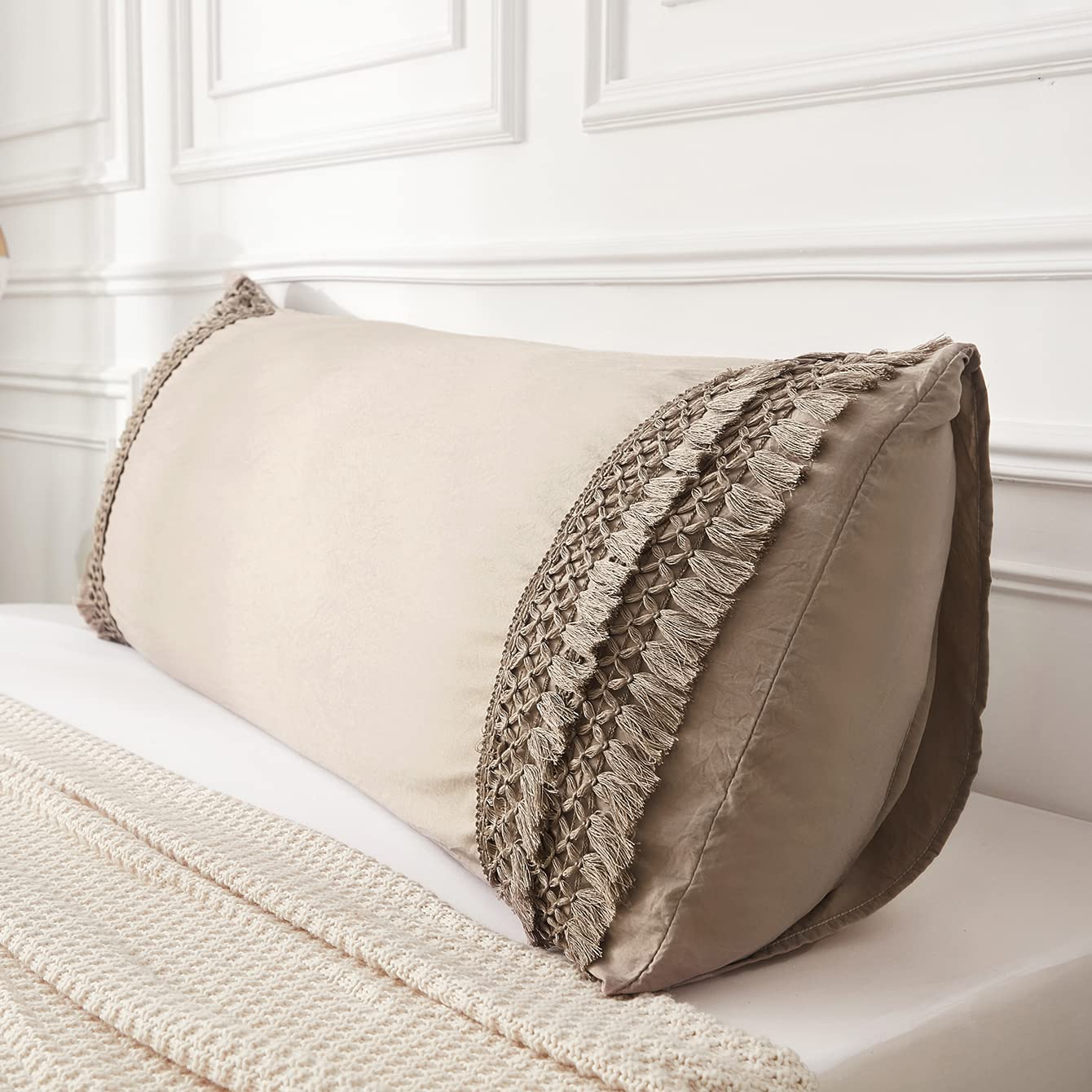 Taupe Macrame Tassel Body Pillow Cover 20x54 - 100% Soft Washed Microfiber Bohemian Pillowcase with Pocket Closure | Perfect for Home Decor, Nursery, Dorm Room & Cozy Bedroom