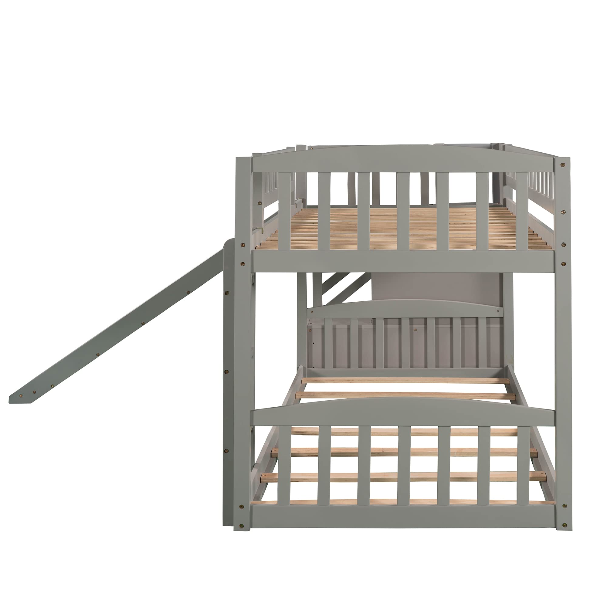 Low Twin Over Twin Wooden Bunk Bed with Slide, Stairs & Storage | Kids Bunk Bed for Boys & Girls | Perfect for Small Bedrooms, Playrooms & Shared Kids' Spaces - Gray