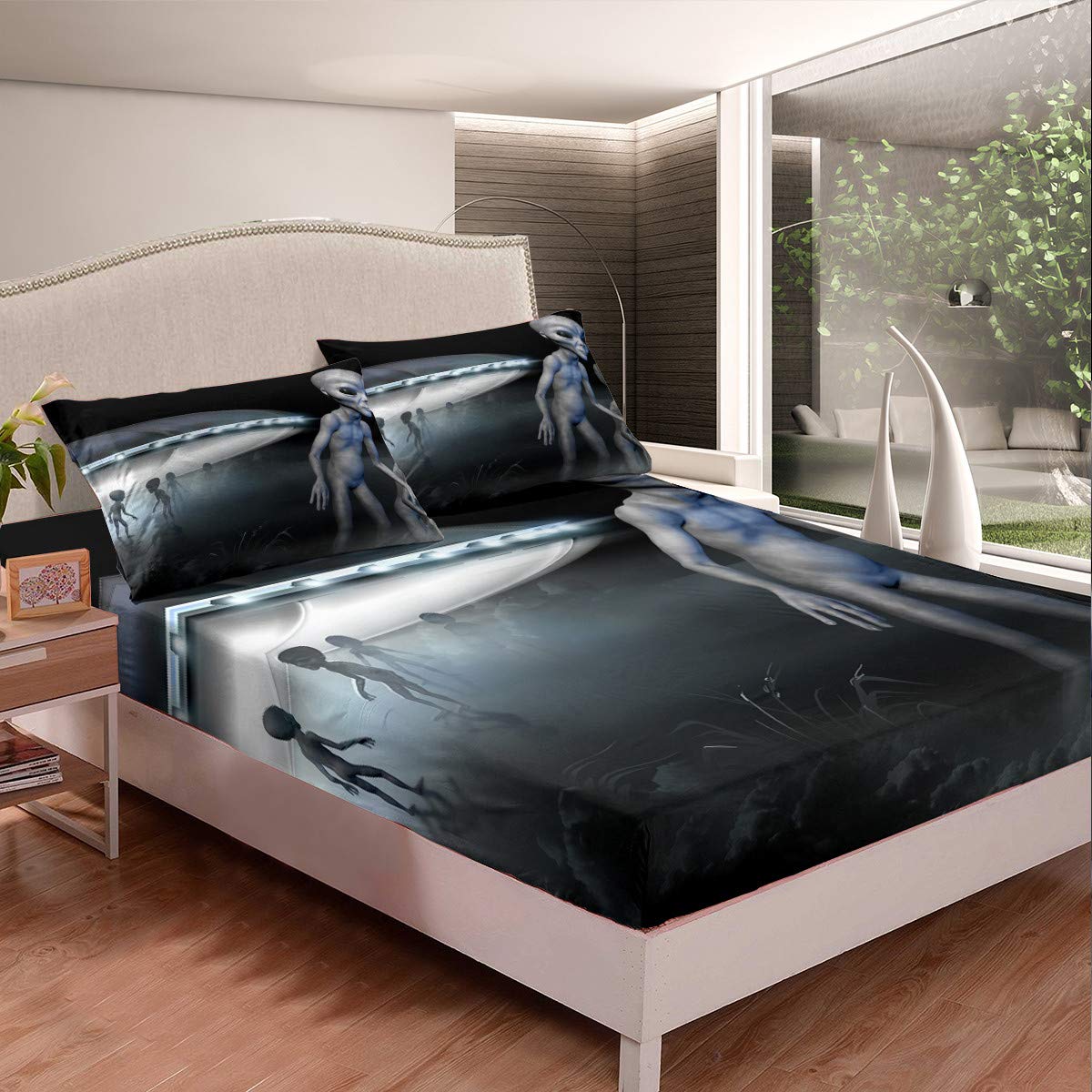 Grey Alien 3D Printed Kids Bedding Set - Queen Size Fitted Sheet with 2 Pillowcases - Space Themed Duvet Cover for Children's Room Decor - Perfect for Sci-Fi Lovers & Space Exploration Themed Bedrooms