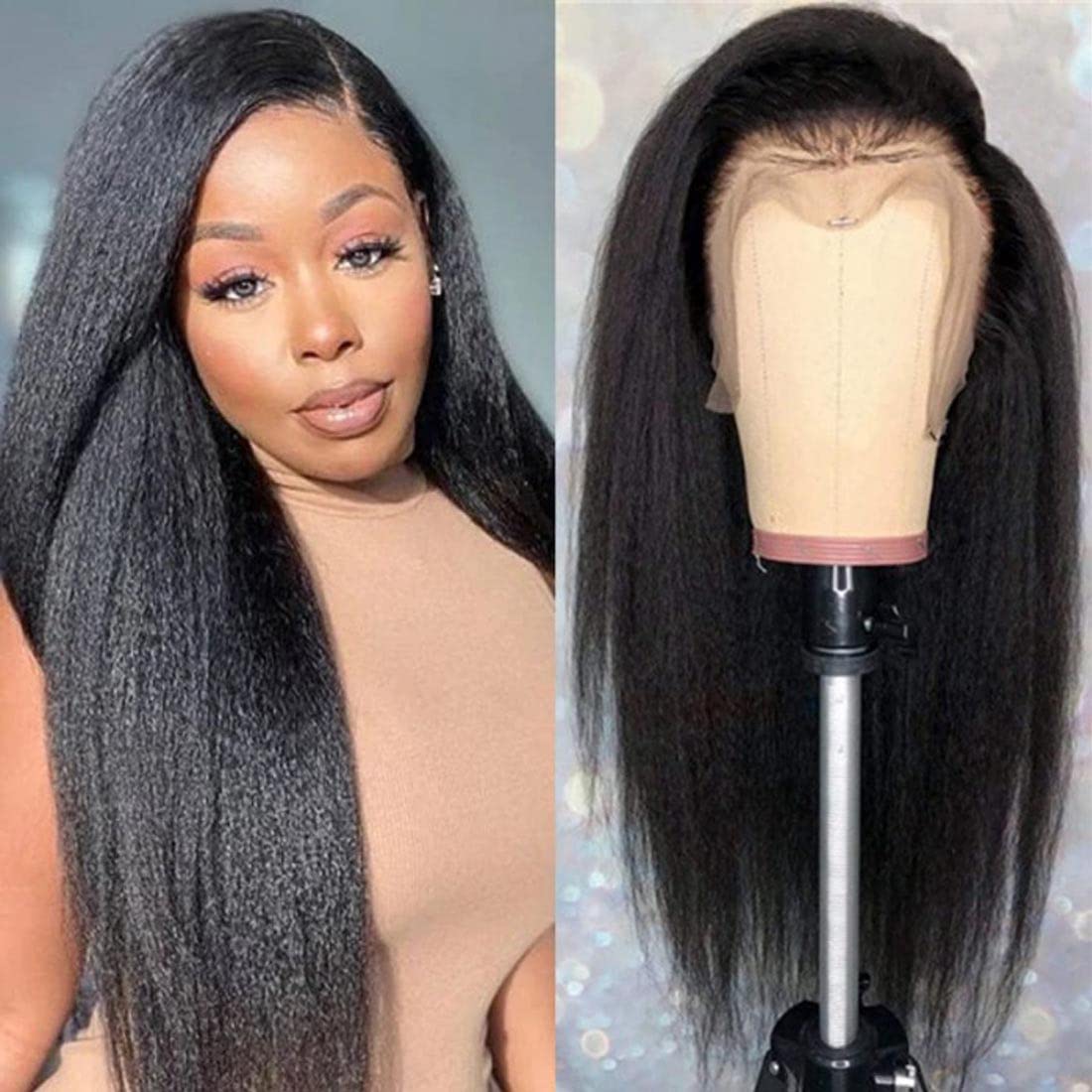 Beauty Forever Kinky Straight Lace Front Wigs Human Hair - Yaki Straight 13x4 Lace Frontal Wig Brazilian Human Hair for Women | Pre-Plucked with Baby Hair, 150% Density, Natural Color, 16 Inch | Perfect for Daily Wear, Cosplay, and Special Occasions
