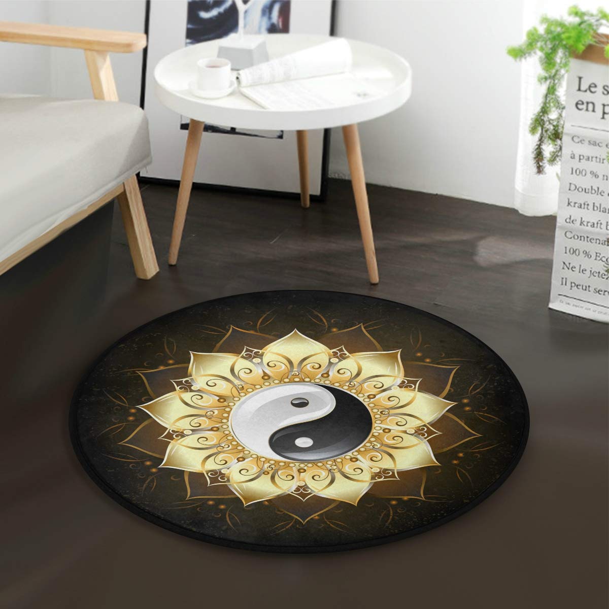 ALAZA Yin Yang Lotus Flower Round Area Rug - 3' Diameter (92cm) Non-Slip Boho Decor for Living Room, Bedroom, Yoga Studio & Meditation Space