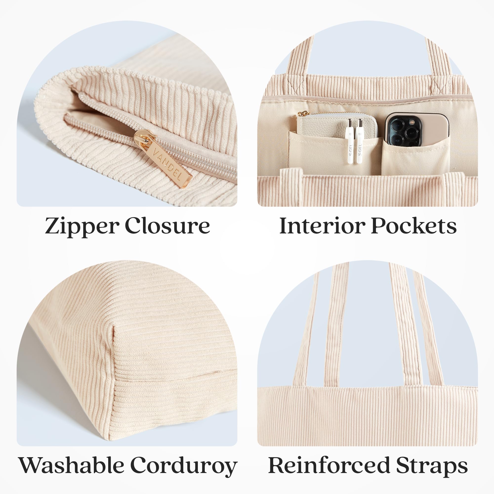 VANDEL Corduroy Tote Bag with Zipper & Inner Pockets for Women & Men - Stylish School & Work Tote for Laptop, Books & Daily Essentials | Durable & Fashionable Carryall for College, Office & Travel