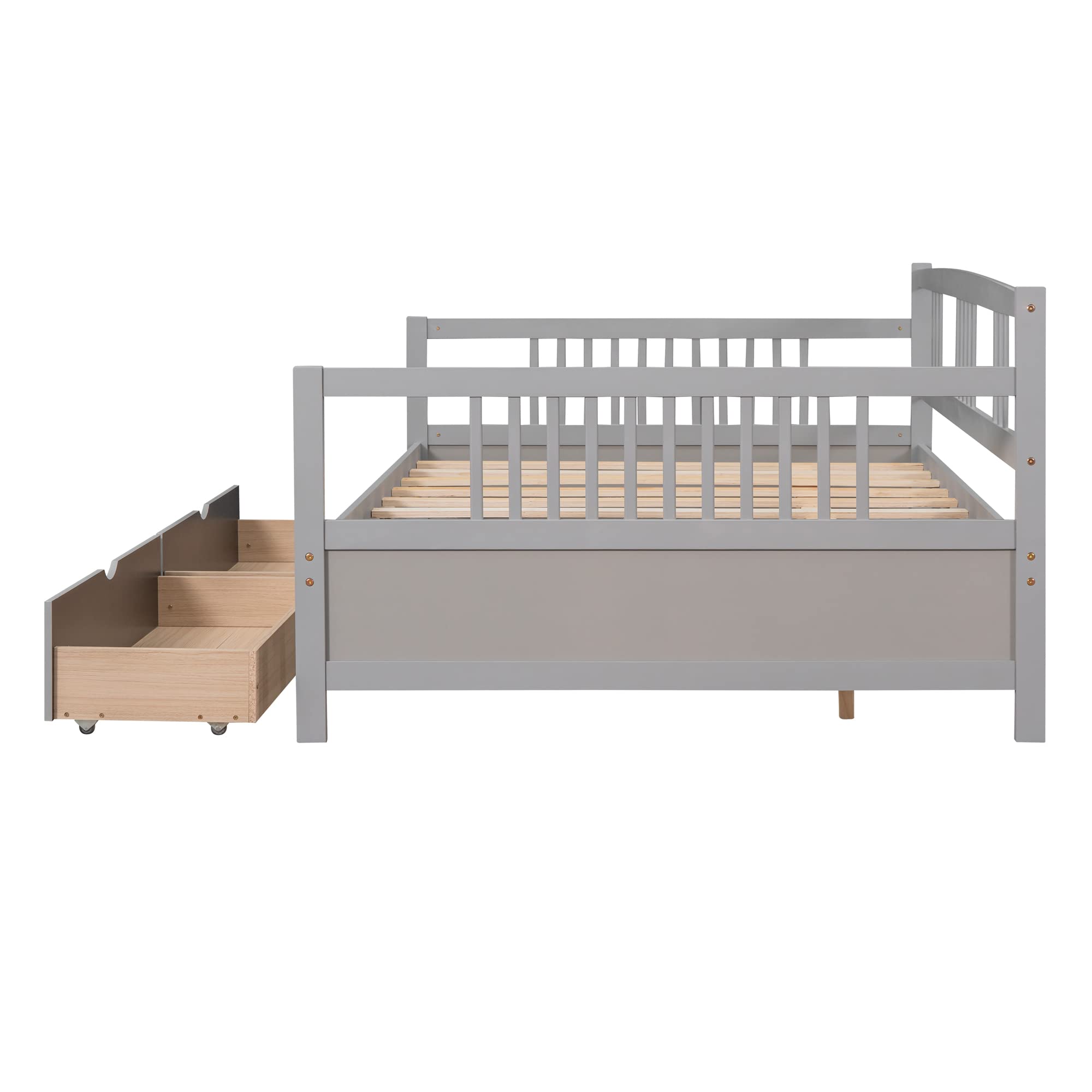 Full Size Wooden Daybed with 2 Storage Drawers & 10 Wooden Slats - No Box Spring Needed (Grey) | Perfect for Guest Rooms, Dorms & Small Spaces