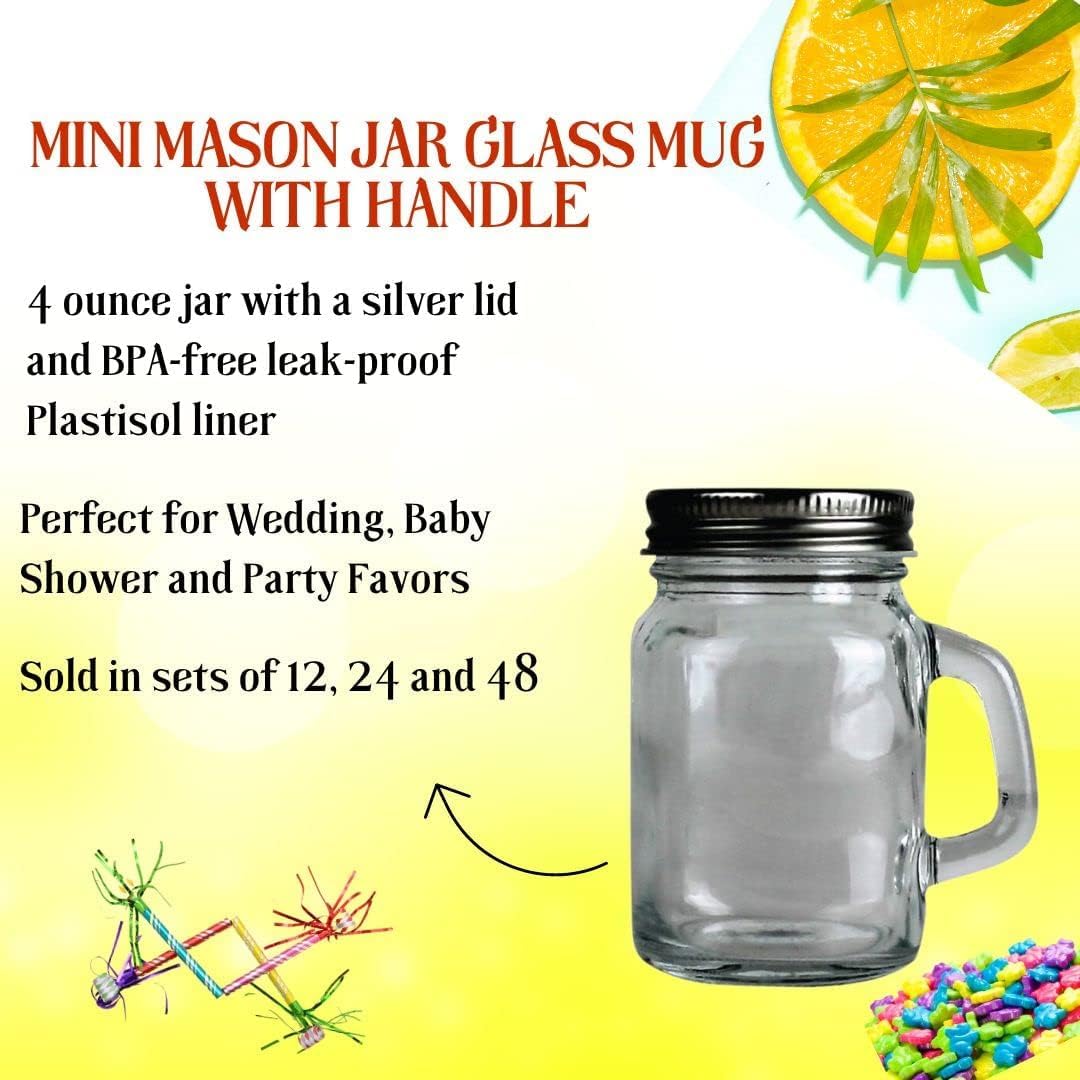 24-Pack Mini Mason Jar Mugs 4oz with Handles & Leakproof Lids - Perfect for Coffee, Tea, Juice, Smoothies, Candles, DIY Crafts & Party Favors - Ideal for Home, Office, Picnics & Gift Giving