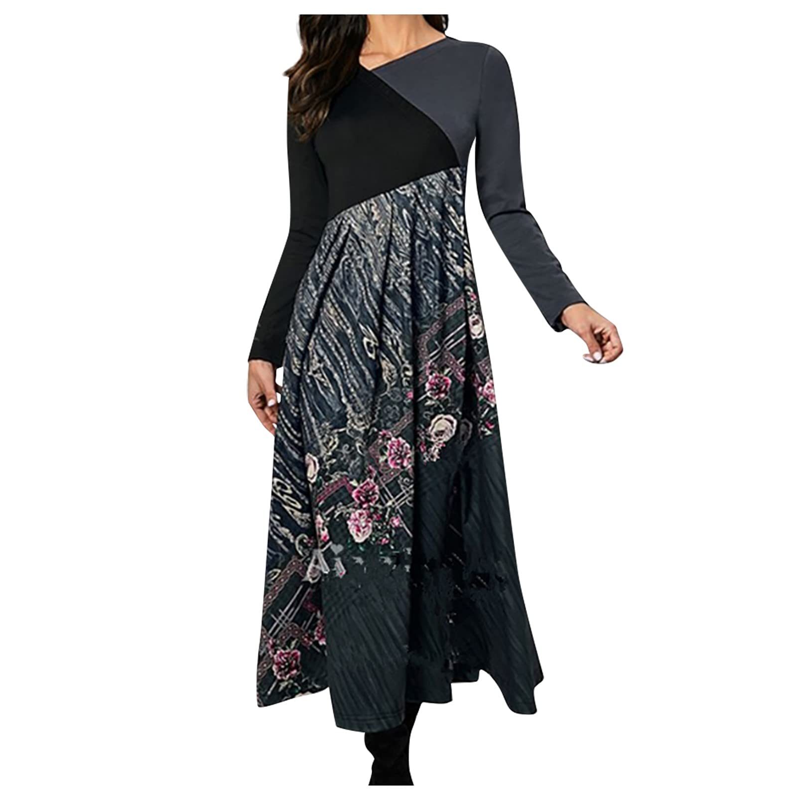 HAOREEKZ Women's Bohemian Printed Long Sleeve Dress - Fall & Winter Casual Slim Fit Maxi Dress for Women | Perfect for Autumn Outfits, Holiday Parties & Boho Fashion