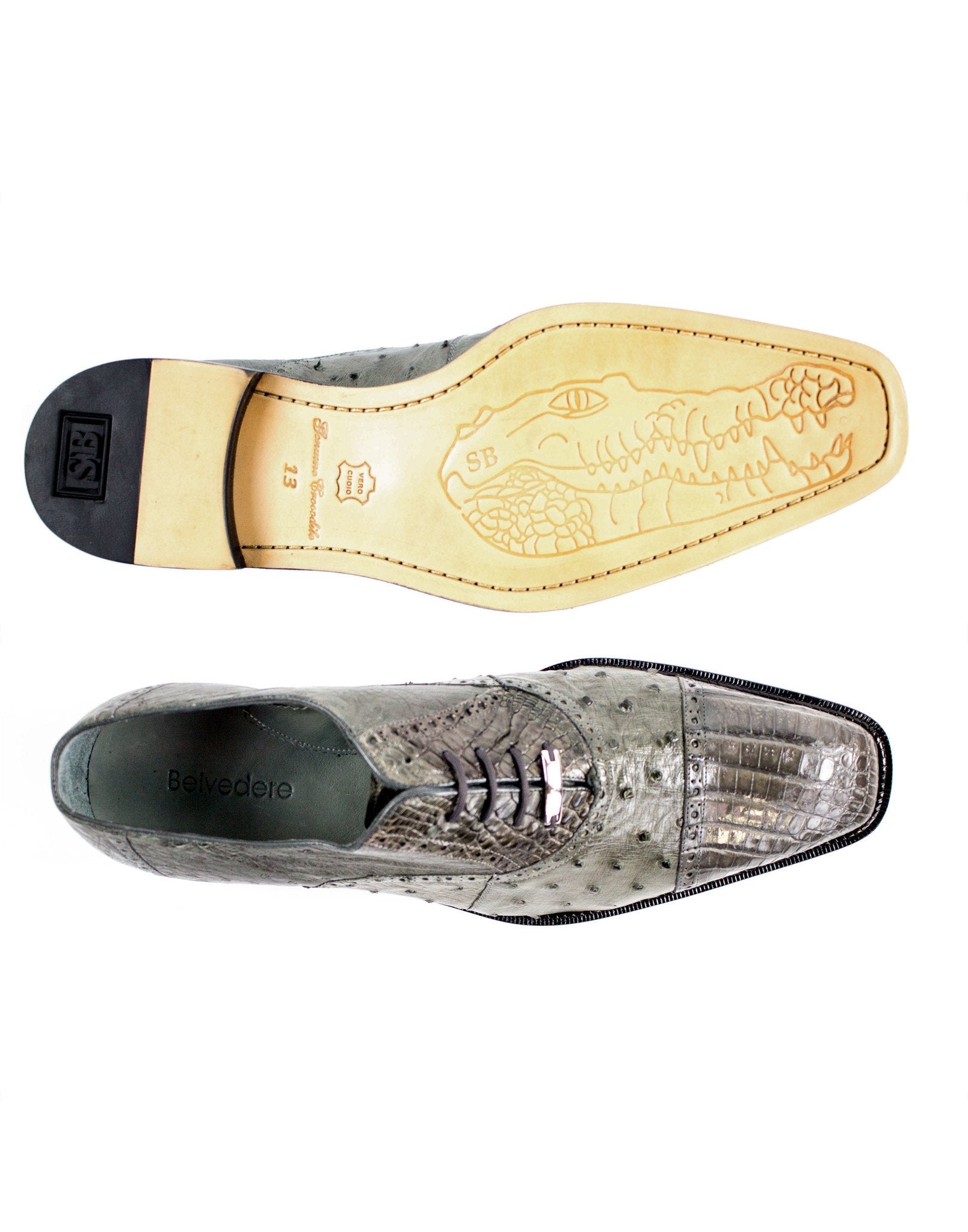 Belvedere Onesto II Genuine Ostrich & Caiman Crocodile Dress Shoes for Men - Gray Size 8.5,14,15 - Luxury Formal Business & Wedding Shoes