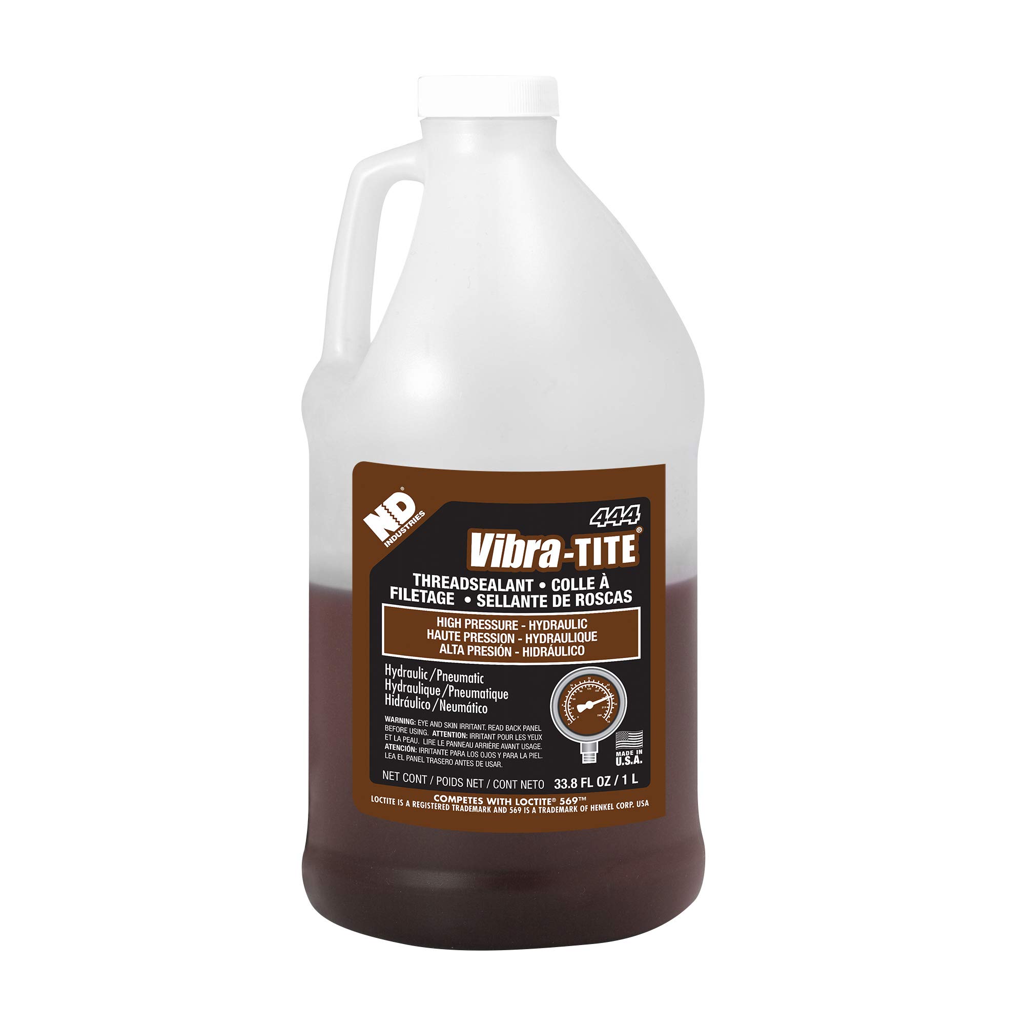 Vibra-TITE 44400 444 Brown High Pressure Hydraulic Anaerobic Thread Sealant - 1 Liter Jug for Pipe Fittings, Flanges & Hydraulic Systems Leak Prevention