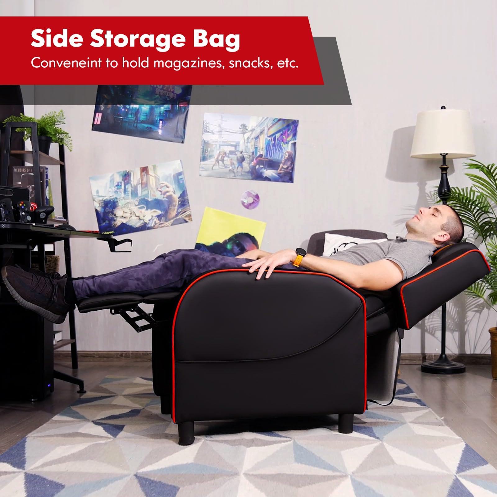 GYMAX Ergonomic Gaming Recliner Chair with Massage, Adjustable Footrest & Remote Control - Racing Style Video Game Chair with Side Pocket for Adults - Perfect for Gaming, Movie Nights & Home Theater (Red)