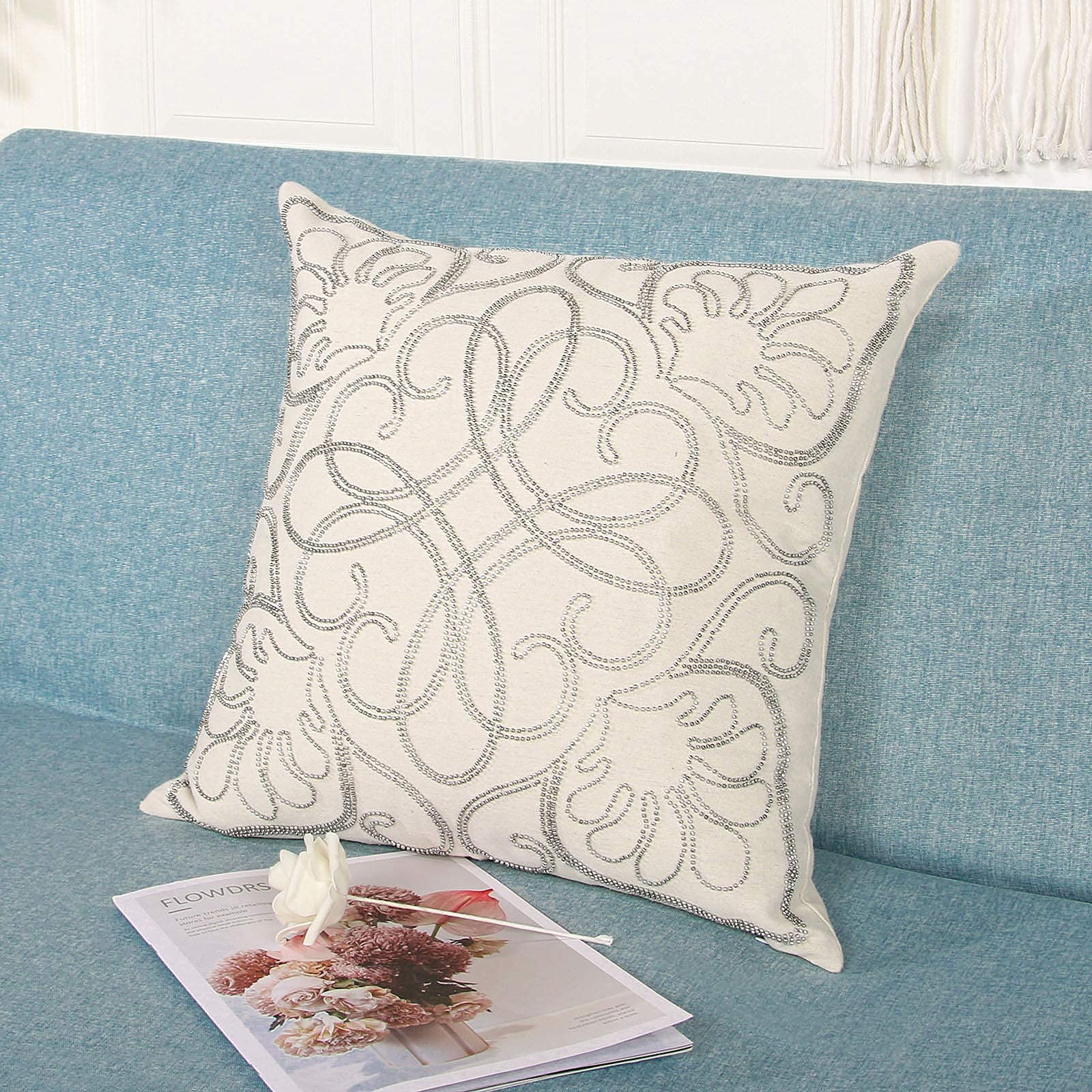 Mingfuxin 18x18 Inch Beaded Decorative Throw Pillow Covers - Square Bohemian Style Cushion Covers for Sofa, Bed, Living Room & Outdoor Furniture - Perfect for Home Decor, Cozy Reading Nook and Patio Relaxation