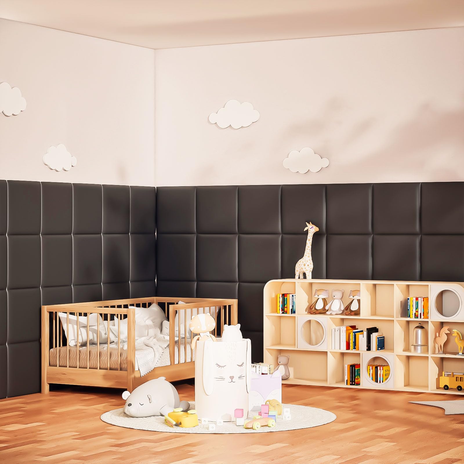 3D Anti-Collision Wall Padding for Kids - Black Peel and Stick Headboard Panels (12 Pack 11.8