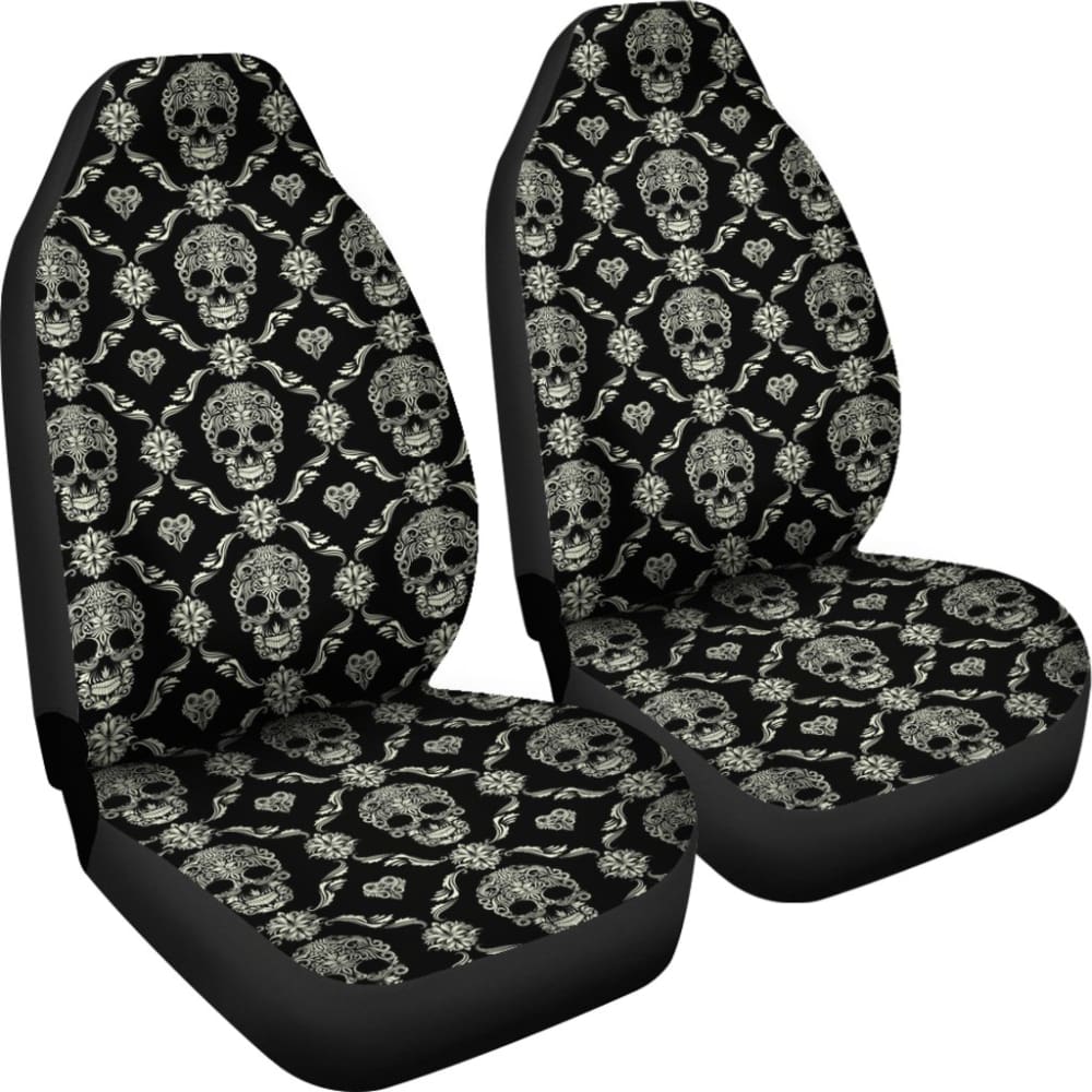 2 Pcs Floral Sugar Skull Car Seat Covers - Day of The Dead Design for Front Seats - Perfect for Halloween, Dia de Los Muertos Celebrations & Car Decorations