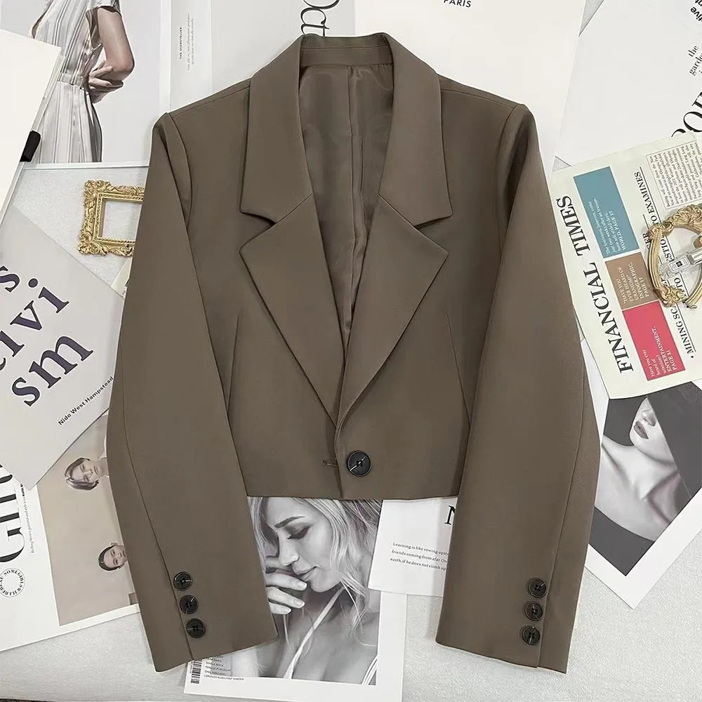 Stylish Korean Women's Cropped Blazer - Autumn Winter Office Wear & Spring Street Fashion Jacket with Long Sleeves | Perfect for Business Casual, Work Attire and Everyday Outfits