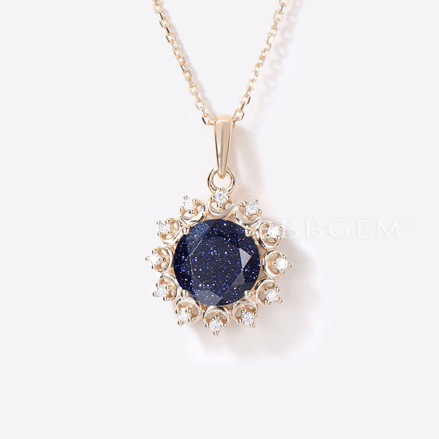 Round Galaxy Blue Sandstone Necklace with Moon Diamond Halo Pendant - Elegant Spiritual Jewelry for Women, Perfect for Meditation, Yoga & Gift Giving