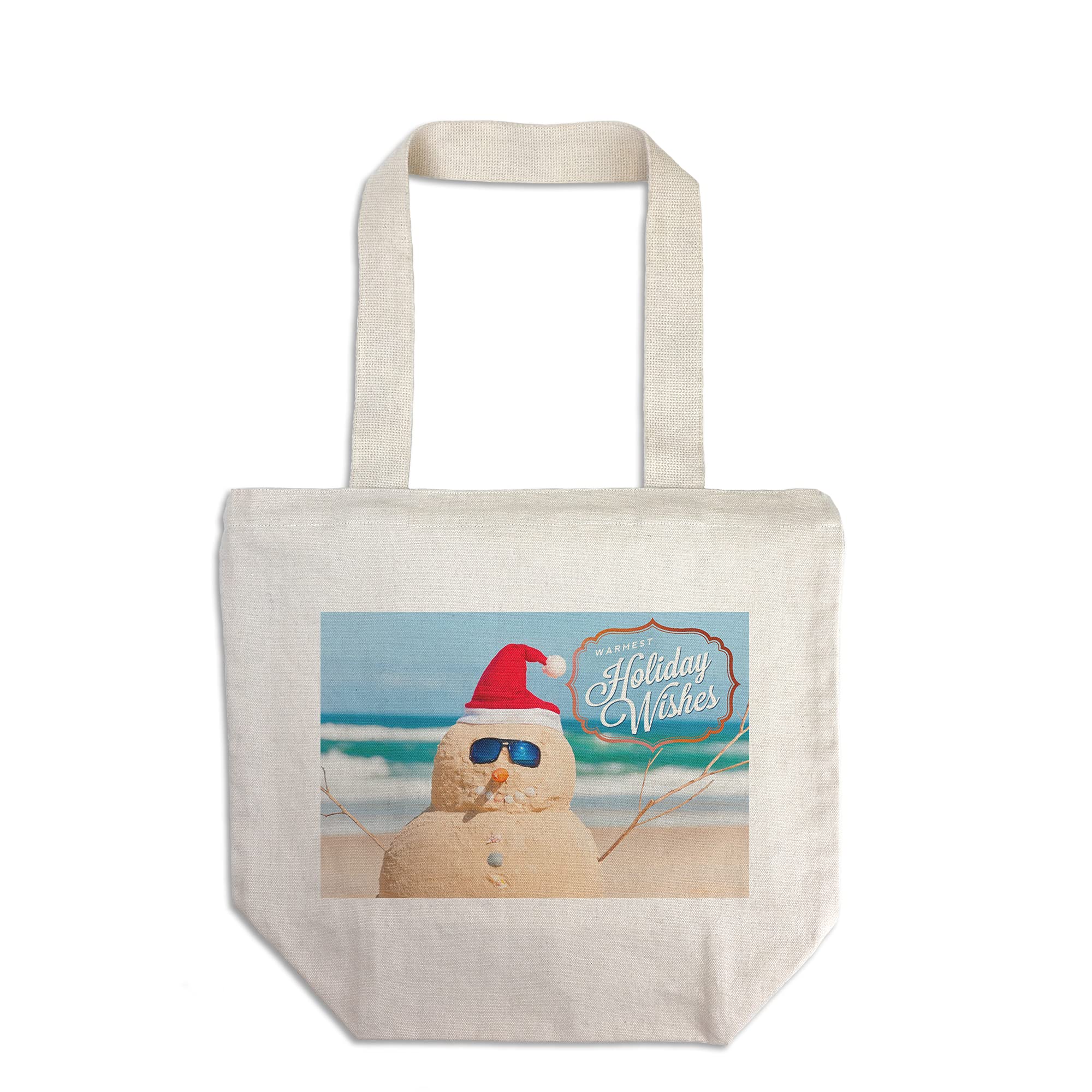 Lantern Press Warmest Holiday Wishes Snowman on Beach - 100% Cotton Canvas Reusable Tote Bag for Grocery Shopping, Beach Trips & Holiday Gifts