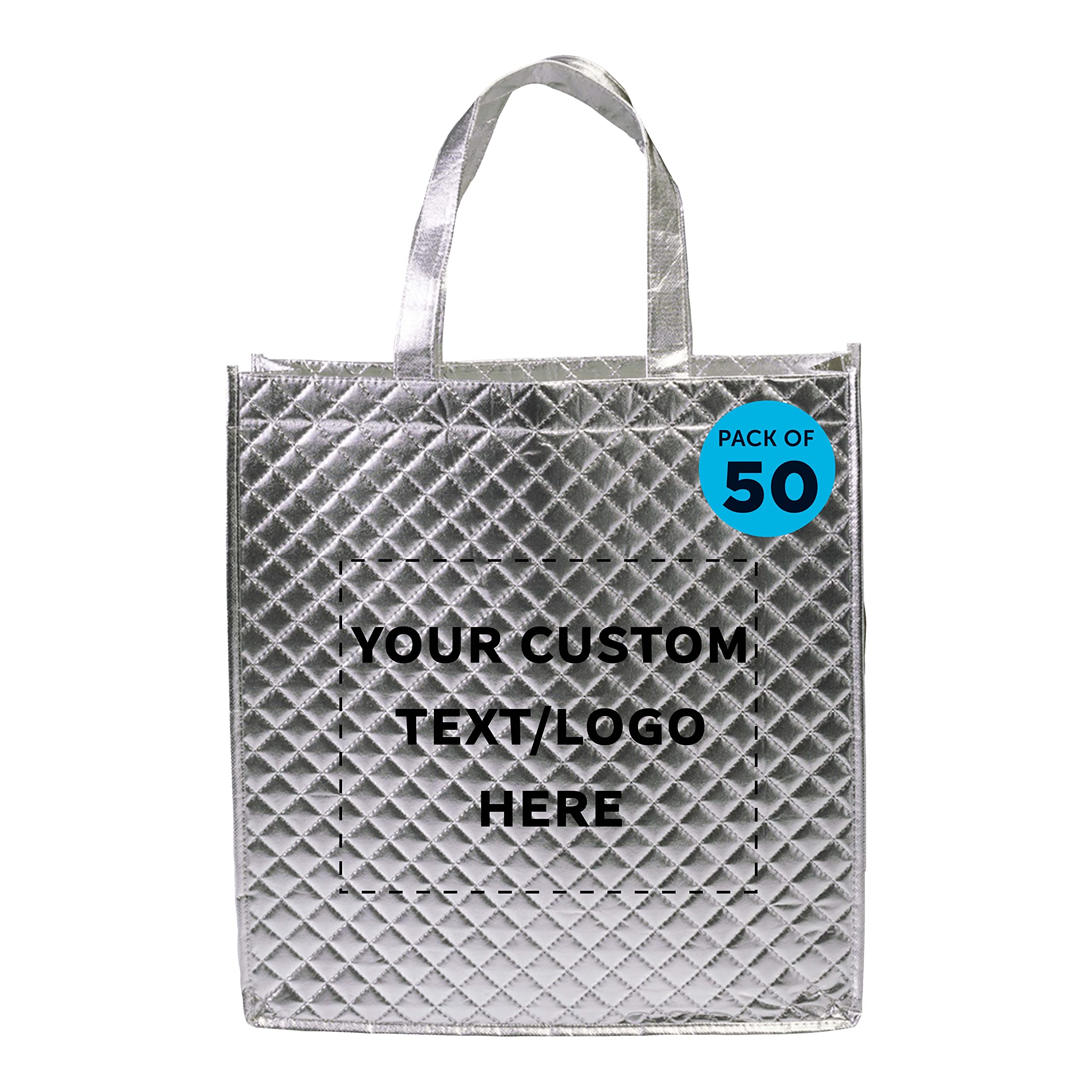 Custom Personalized Luxury Laminated Tote Bags - Bulk Set of 50 Reusable Shopping Bags - Elegant Silver Finish for Weddings, Beach Trips & Retail Promotions | Perfect for Bridal Party Favors, Grocery Shopping & Corporate Events
