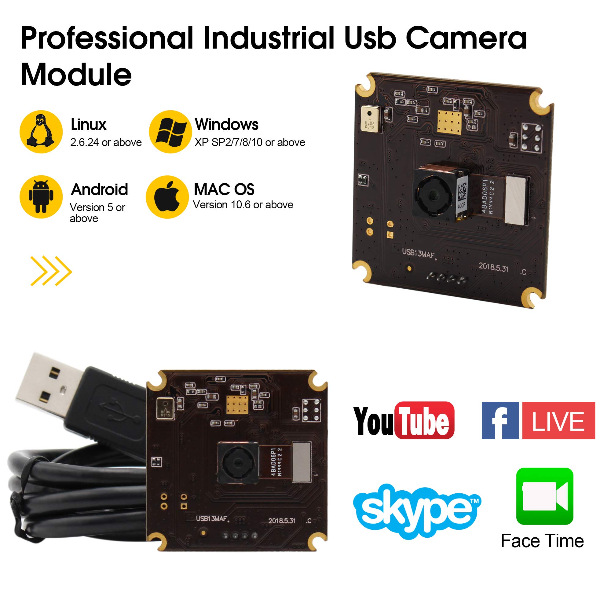 13MP USB Camera Module with Microphone & Autofocus - UVC USB 2.0 Webcam Board for PC/Laptop, Jetson Nano - Industrial Embedded IMX214 Sensor for Video Conferencing, Live Streaming & Lightburn Applications