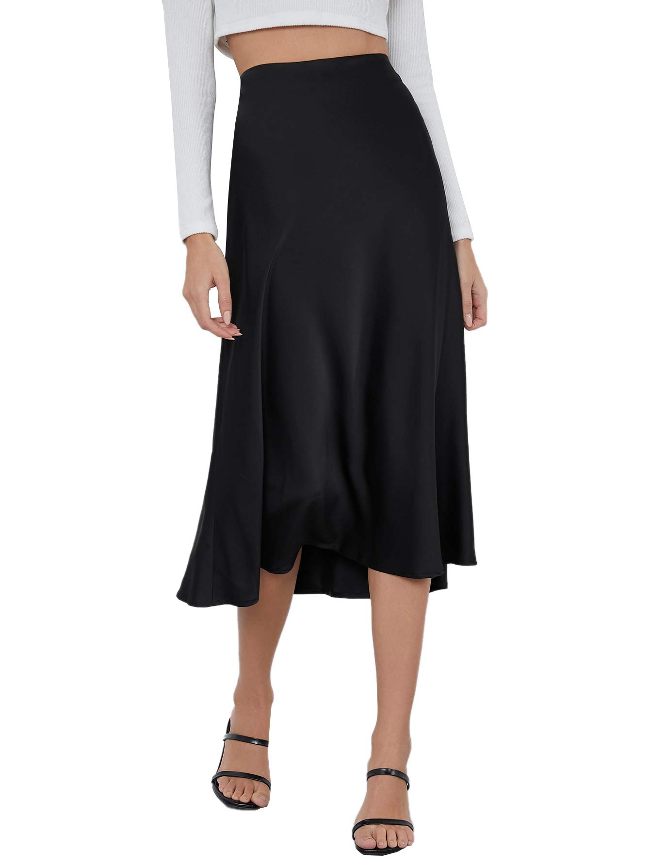 SheIn Women's High Waist A-Line Skirt with Zipper - Solid Color Flared Midi Skirt for Casual, Office & Party Wear | Perfect for Spring and Summer Outfits