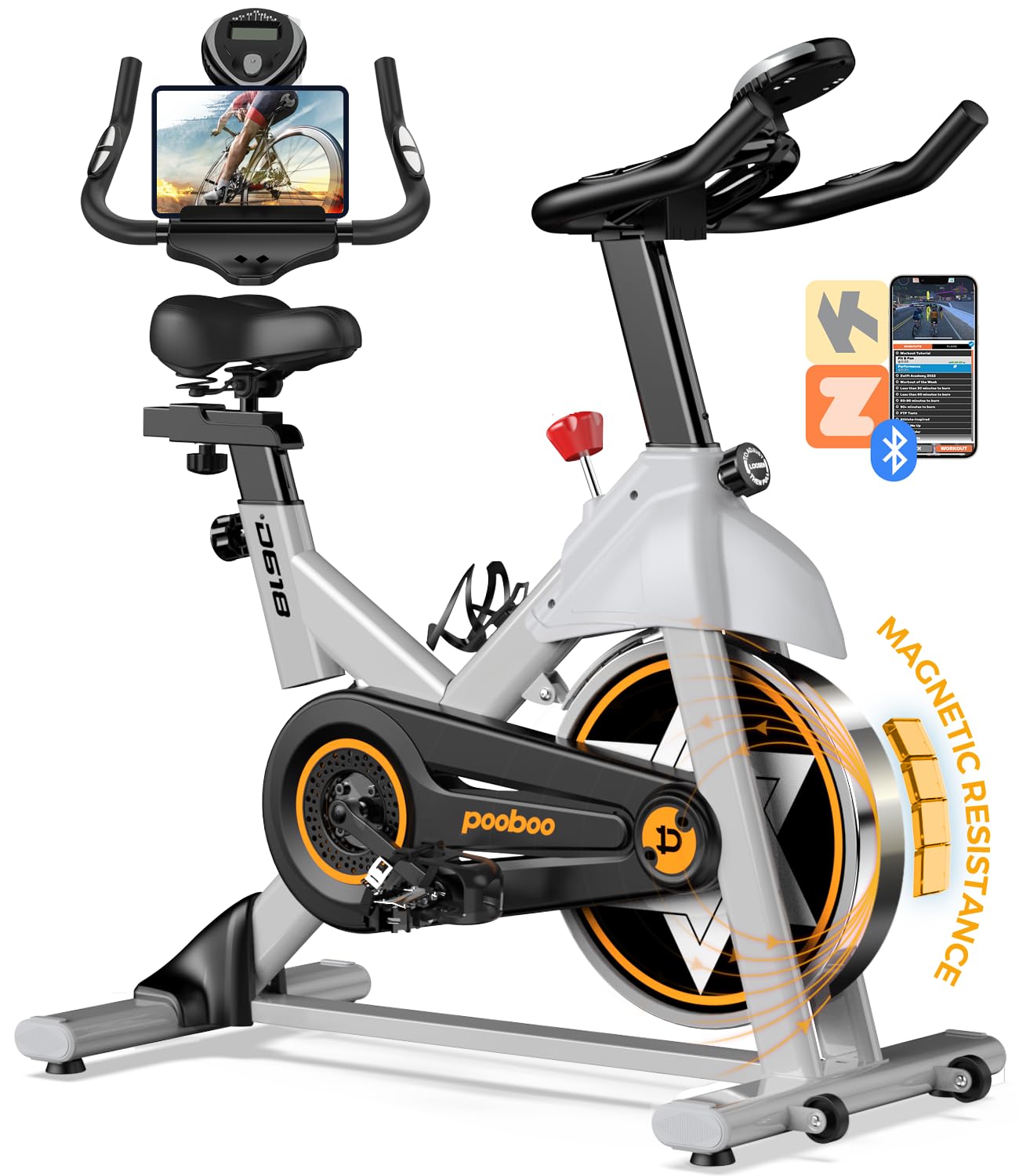 POOBOO Exercise Bike for Home Gym - Indoor Cycling Bike with Comfortable Seat Cushion & Tablet Holder - Quiet Belt Drive Stationary Bike for Cardio Workouts - Perfect for Home Fitness, Apartment Workouts & Weight Loss Training