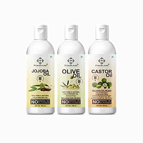 PuriFlame 100% Pure Jojoba Oil, Olive Oil & Castor Oil Combo Set - 3 x 100ml for Hair Growth, Anti Hair Loss, Split Ends Treatment - Promotes Soft, Shiny & Healthy Hair - Perfect for Daily Hair Care, Scalp Massage & DIY Beauty Treatments