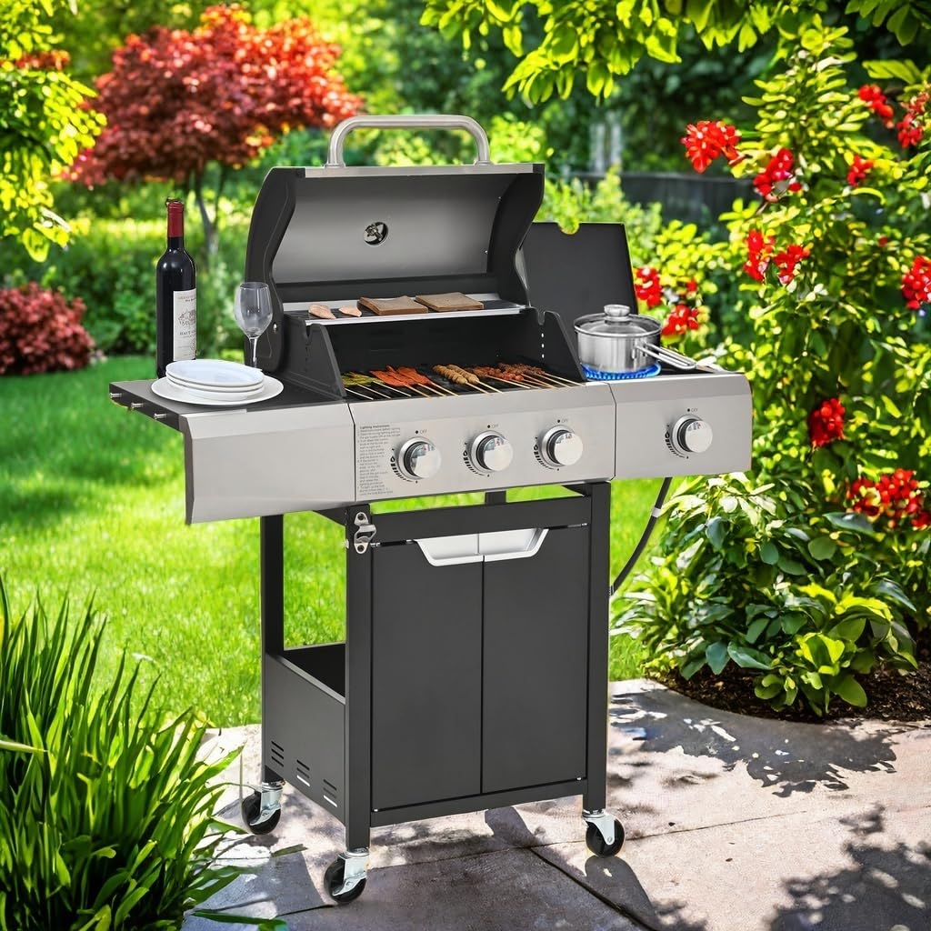 40,500 BTU Propane Gas Grill - 4 Stainless Steel Burners with Side Burner & Cover - Built-in Temperature Gauge - Perfect for Outdoor BBQ, Backyard Cooking, Camping & Tailgating Parties