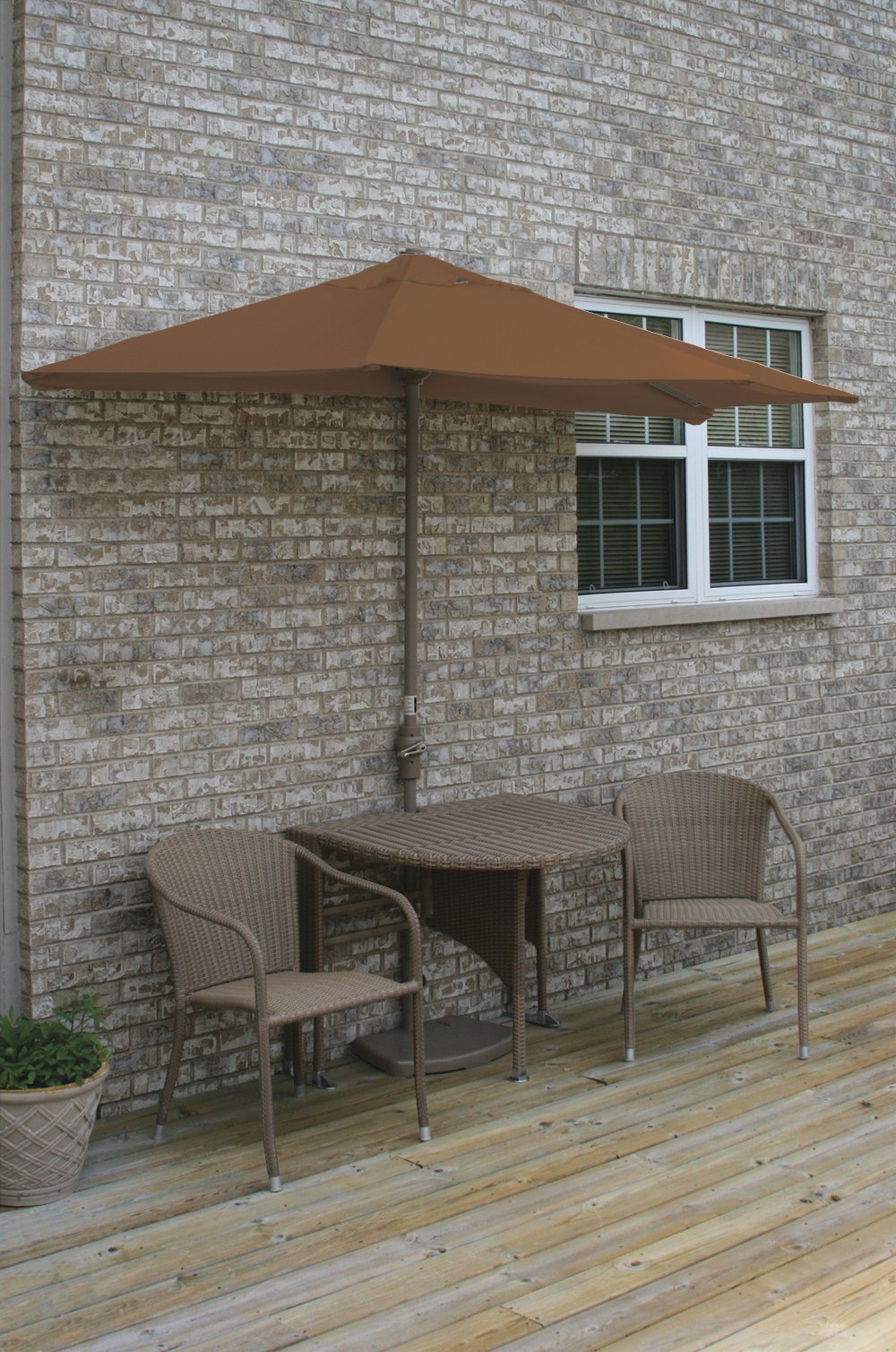 Genevieve All-Weather Wicker Coffee Table Set with 9' Teak Sunbrella Canopy - Outdoor Patio Furniture for Garden, Poolside & Terrace Use