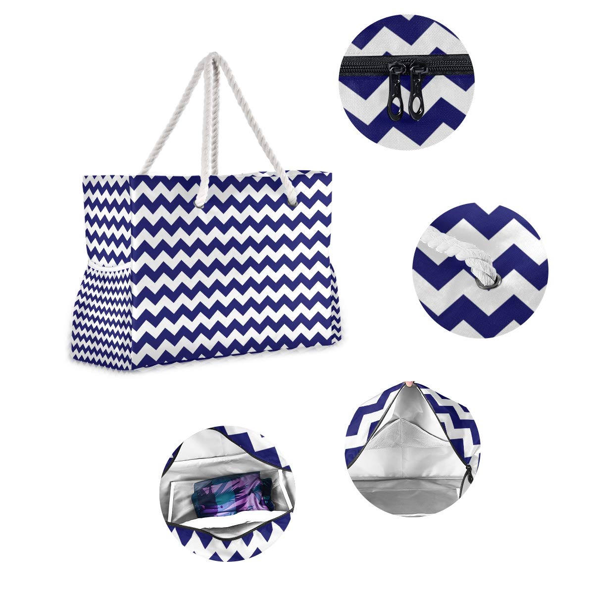 Waterproof Beach Tote Bag with Zipper Closure & Long Rope Handles - Large Capacity Patterned Tote for Women - Perfect for Pool, Travel, Shopping & Summer Outings