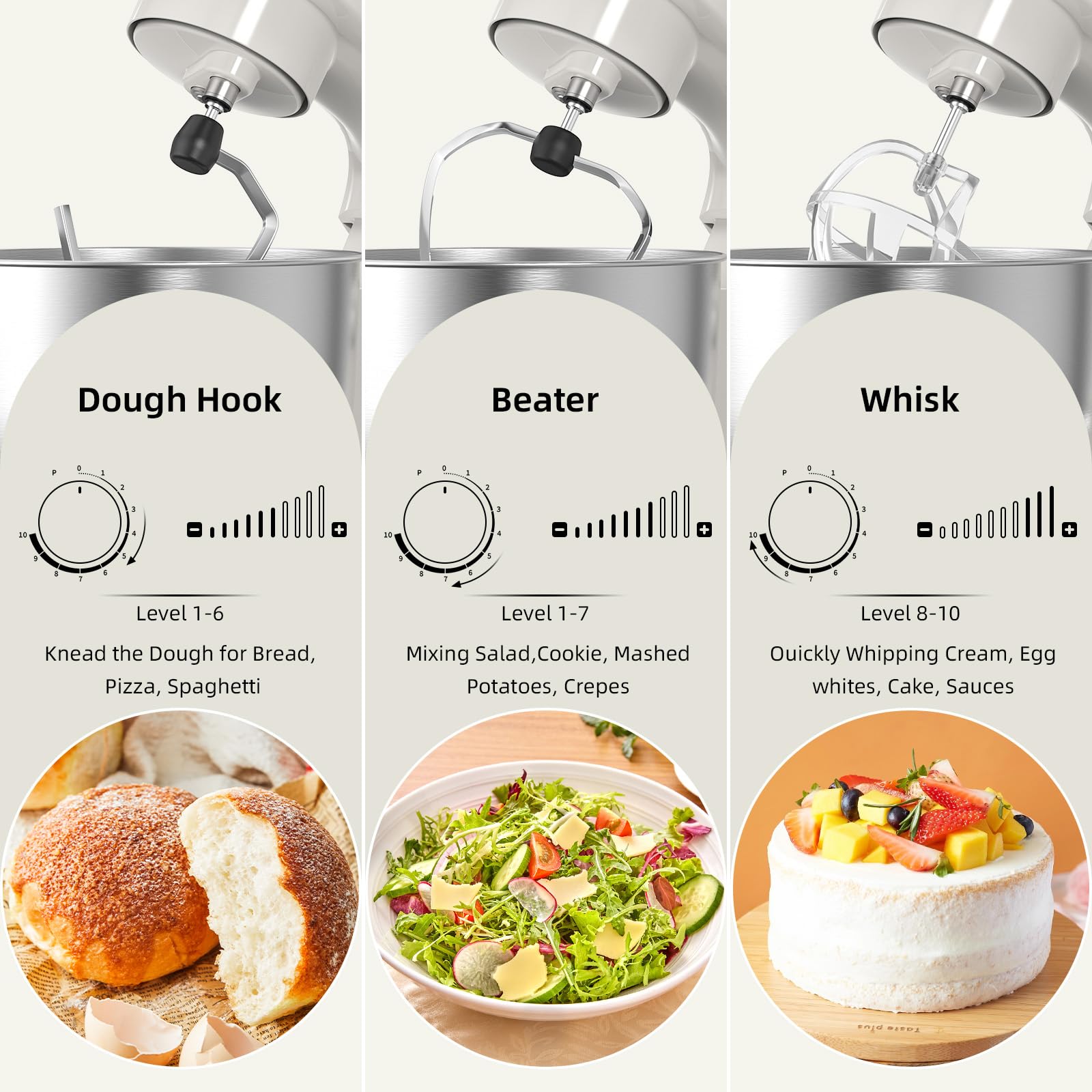 660W Electric Stand Mixer - 10 Speed Tilt-Head Kitchen Mixer with 6.5 QT Bowl, Dough Hook, Beater & Whisk (Almond Cream) - Perfect for Baking Cakes, Cookies, Bread & More