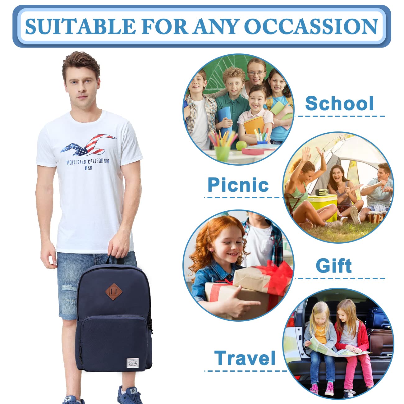 VASCHY Ultra Lightweight School Backpack for Men, Women, Teens & Kids - Durable Bookbag for College, Travel & Everyday Use - Navy Blue
