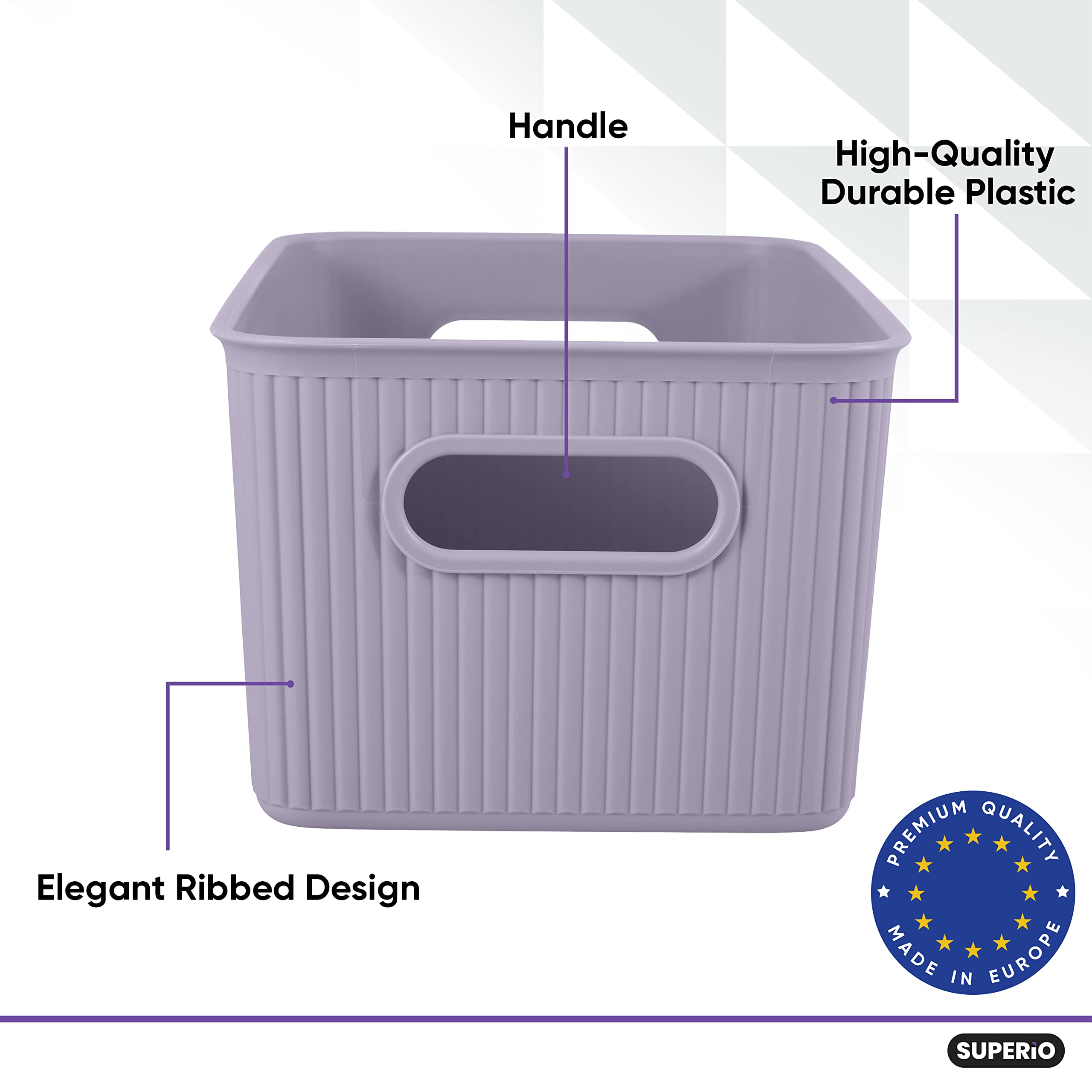 Superio Ribbed Collection - Decorative Plastic Lidded Storage Bins Organizer (2-Pack, 5L, Medium Lilac Purple) - Stackable Home Organization Baskets for Closet, Shelf, Drawer & Pantry Organization | Perfect for Bedroom, Bathroom & Office Storage Solutions