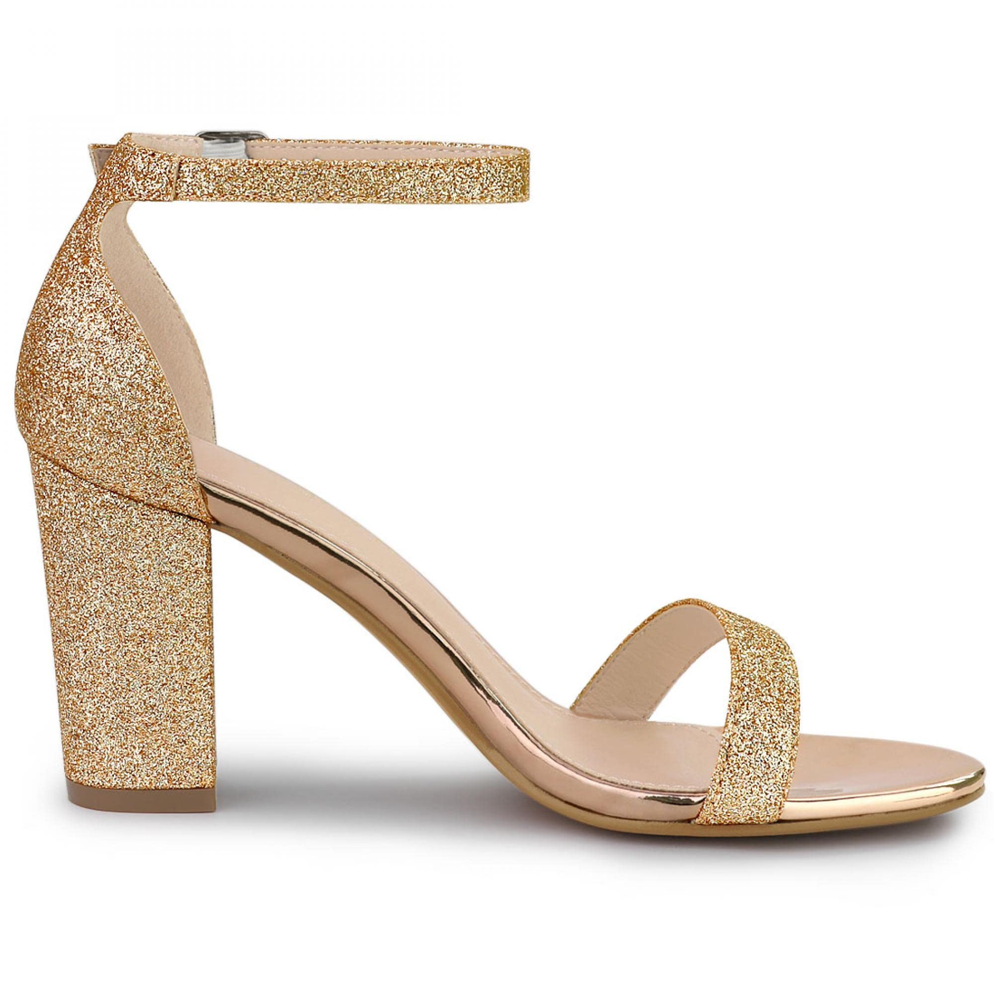 Allegra K Women's Glitter Ankle Strap Chunky Heel Sandals - Party & Evening Dress Shoes for Weddings, Prom, and Special Occasions