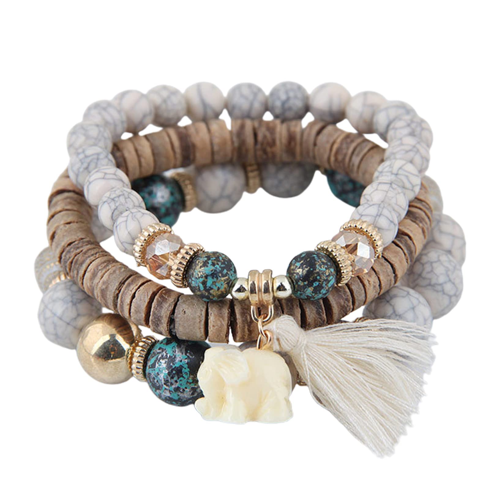 Adjustable Elastic Rope Bracelet Set for Women & Girls - 3Pcs Bohemian Multilayer Resin Bracelets with Elephant Tassel Beads - Perfect Jewelry Gift for Birthday, Party & Everyday Wear