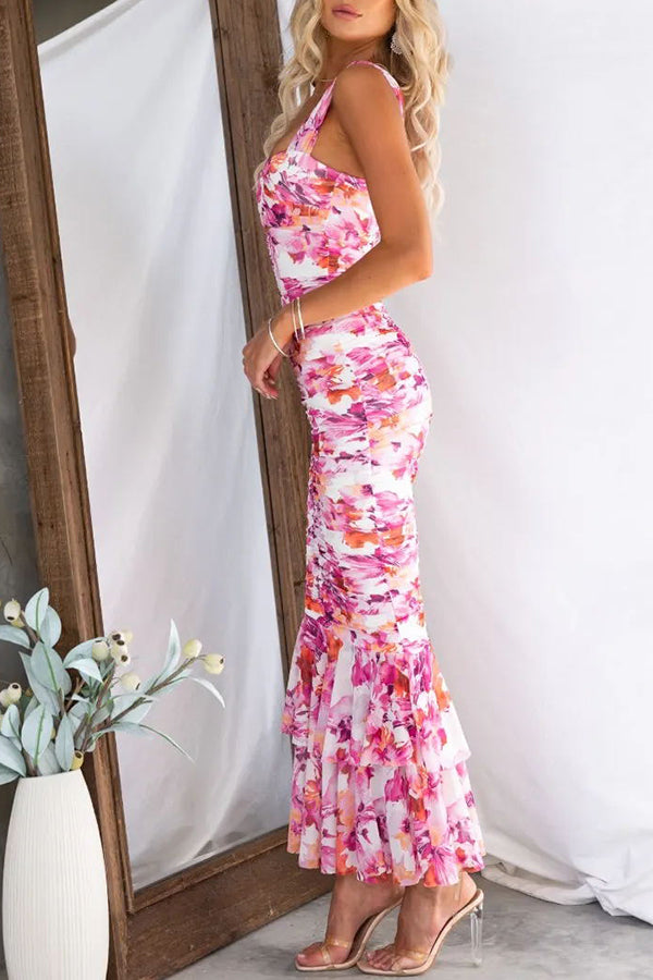 Floral Ruched Mesh Overlay Ruffle Hem Maxi Dress - Elegant Women's Summer Party & Wedding Guest Dress for Beach Vacations & Special Occasions