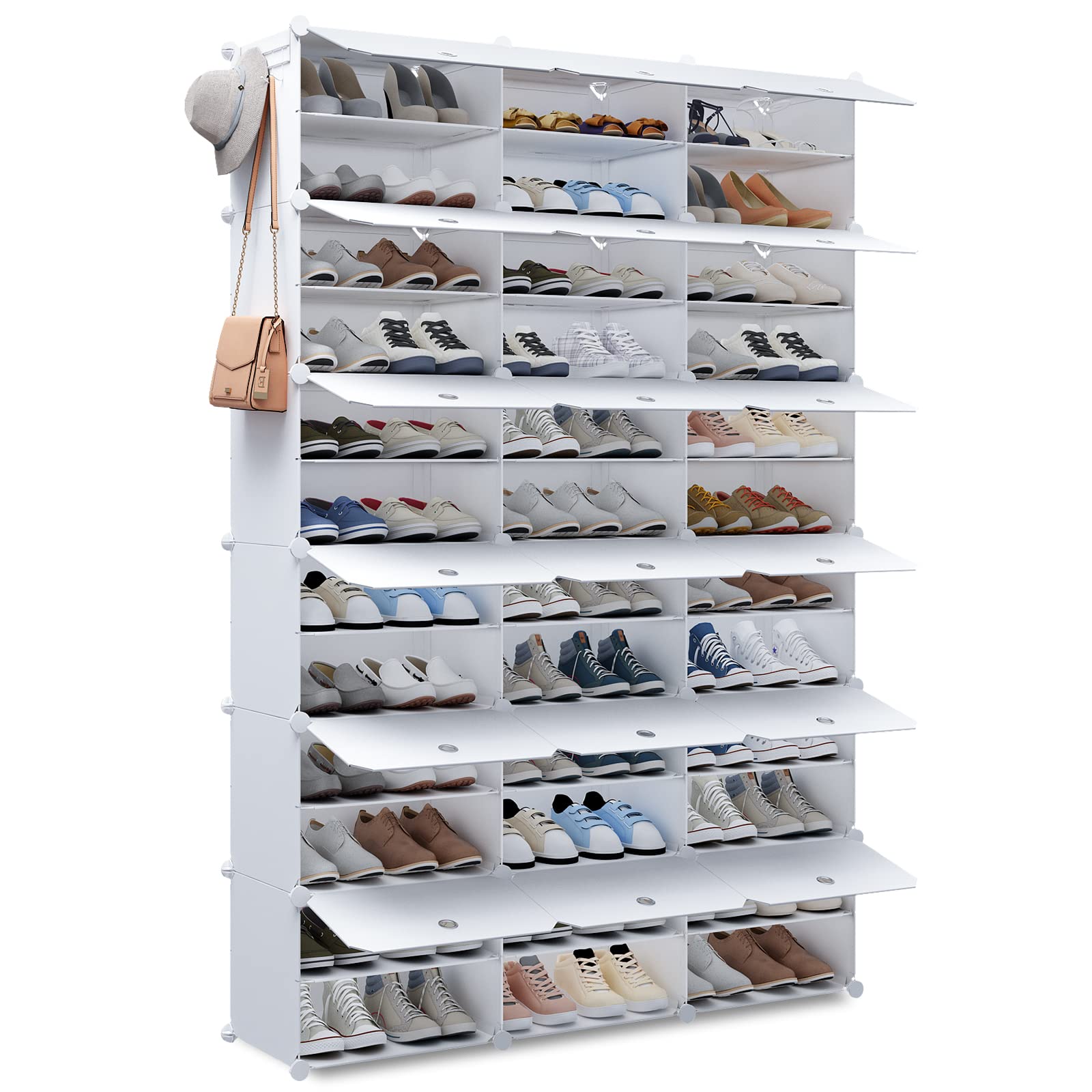 KOUSI 36 Grids Expandable Shoe Rack Organizer - Portable Tower Shelf Storage Cabinet for Heels, Boots, Slippers - White - Perfect for Closet, Entryway, Dorm Room Organization