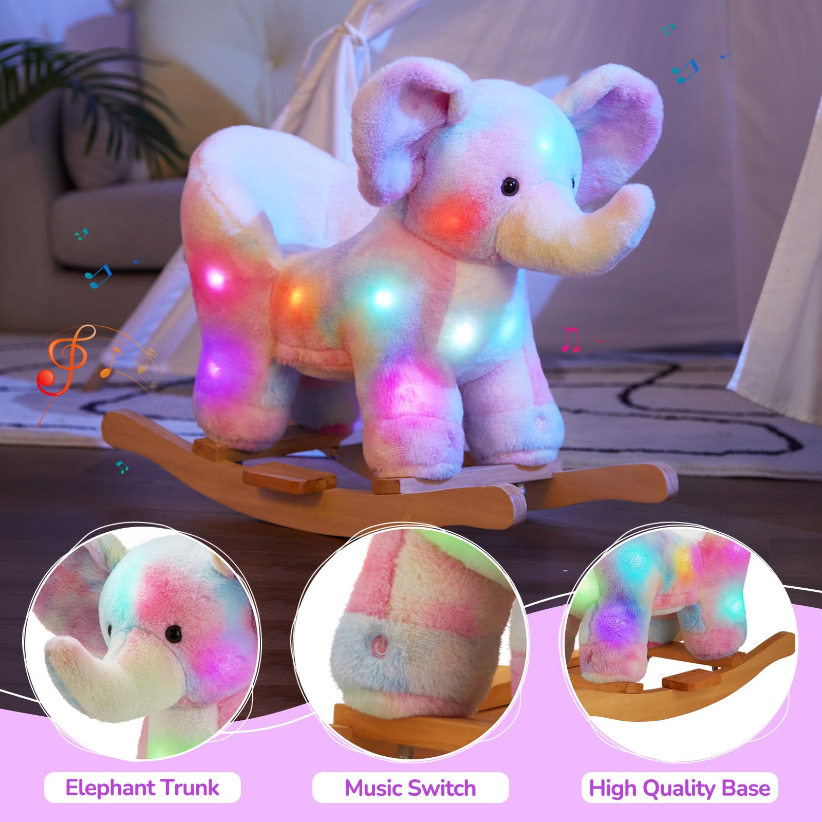 Glow Guards Light Up Musical Elephant Baby Rocking Horse & Rainbow Plush Toy Set - Wooden Rocking Chair for Toddlers Girls & Boys Ages 1-3 - Perfect for Nursery Decor, Birthday Gifts & Early Childhood Development Playtime