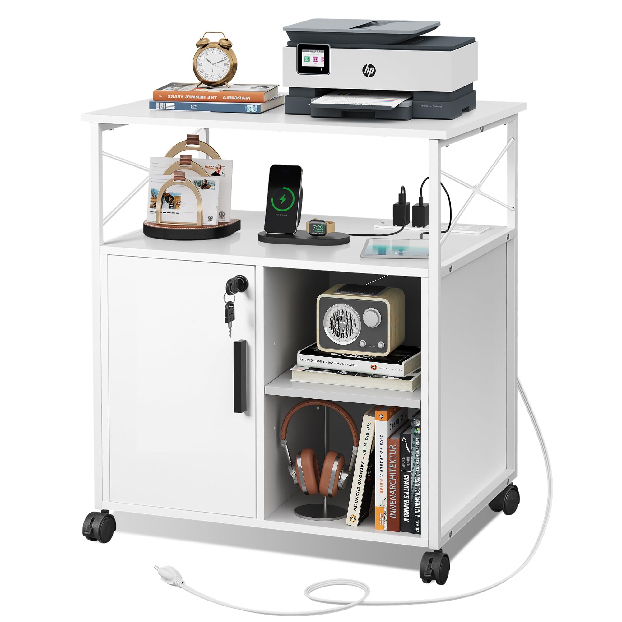 DEVAISE Lockable Lateral File Cabinet with USB Charging Station - Home Office Storage for A4/Letter Size Folders & Printer - White | Perfect for Organizing Documents & Charging Devices in Small Spaces