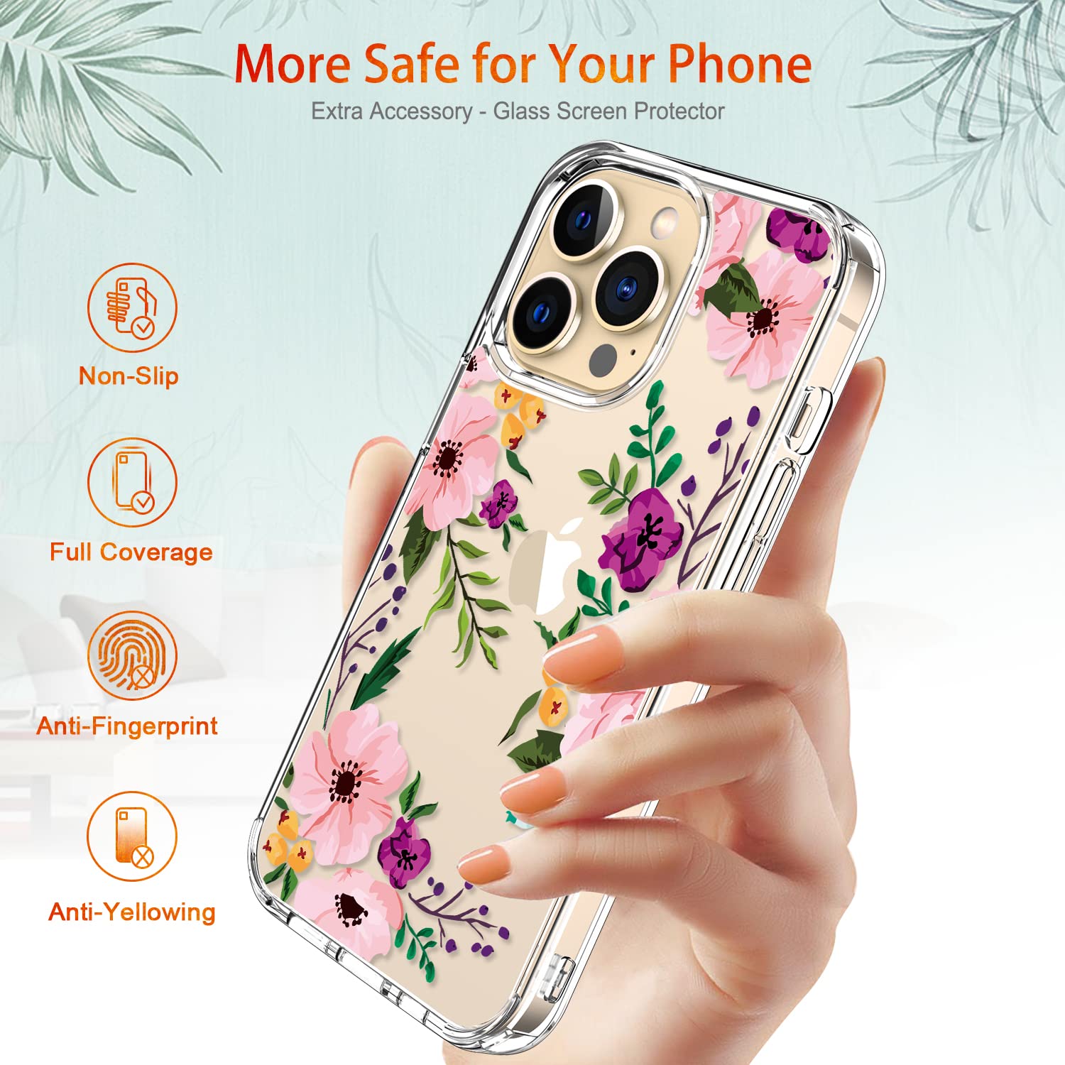 GiiKa iPhone 13 Pro Max Case 6.7 Inch with Screen Protector - Clear Shockproof Floral Design Hard Case with TPU Bumper Cover for Women & Girls - Perfect for Everyday Protection and Style