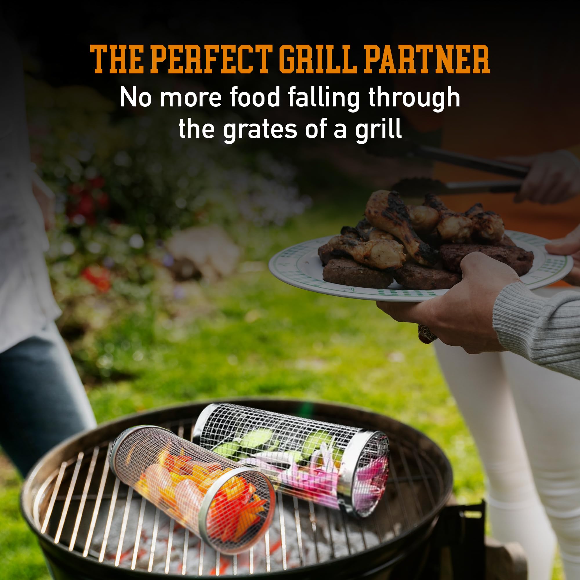 Premium Stainless Steel Grill Baskets Set of 2 - Heavy Duty Rolling BBQ Baskets for Fish, Vegetables, Meat & More - Includes 2 Forks, 2 Hooks, Spray Bottle & 4 Brushes - Perfect for Outdoor Grilling, Camping, Picnics & Backyard BBQs