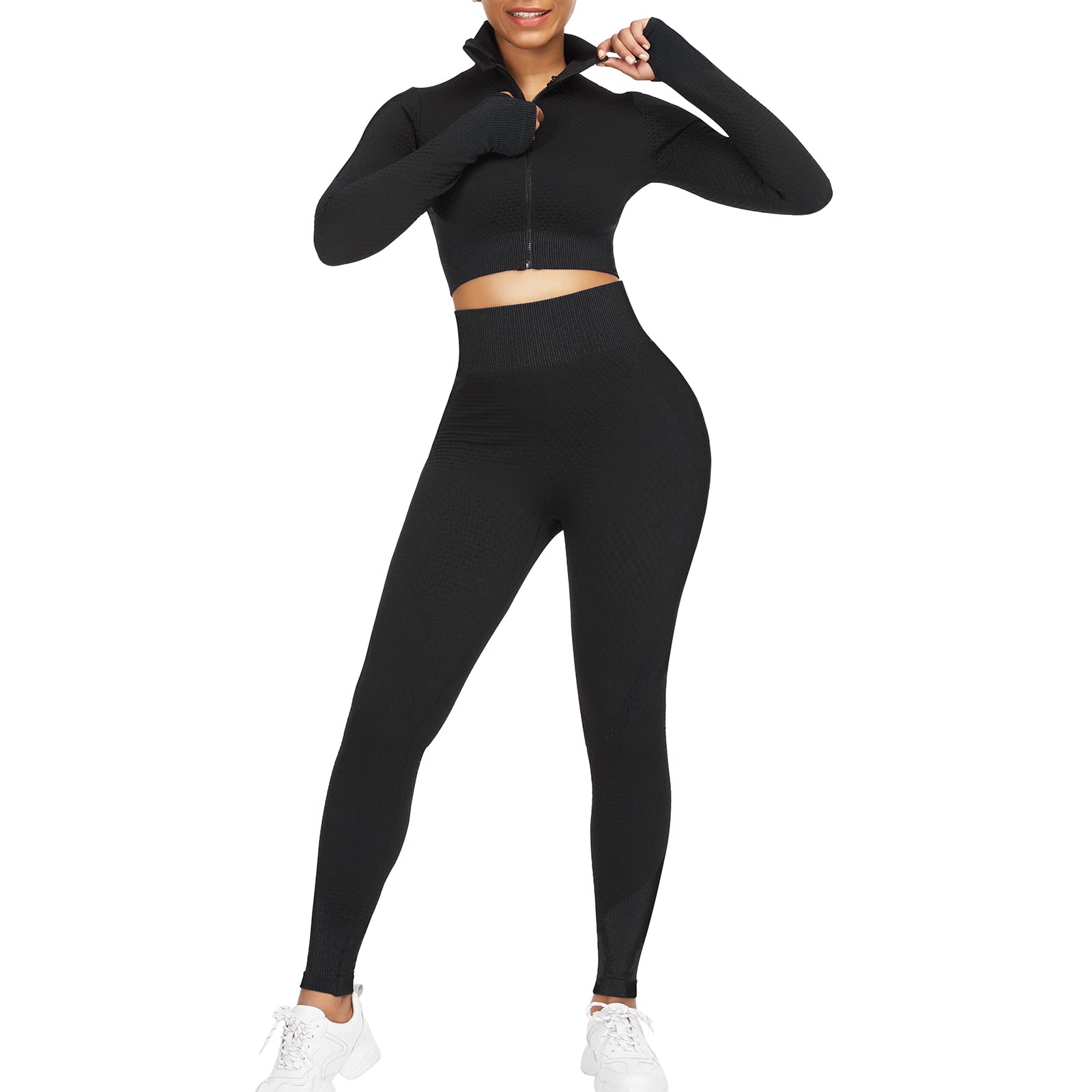 JOYMODE Women's 2-Piece Workout Set - Long Sleeve Crop Top & High Waist Leggings for Yoga, Gym & Running | Comfortable Fitness Outfit for Women
