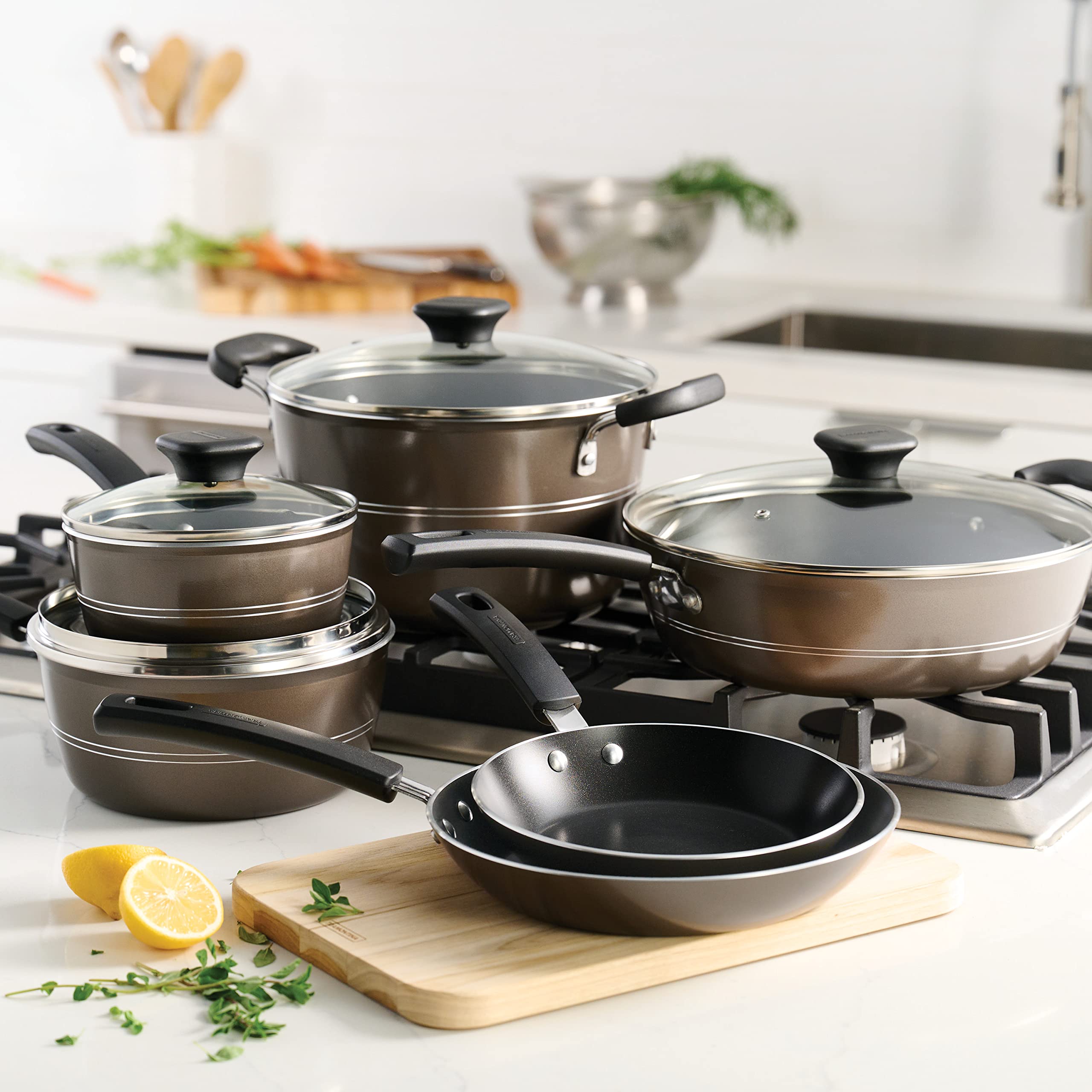 Tramontina Sicilia 10-Piece Nonstick Cookware Set with Glass Lids - Aluminum Pots and Pans Set for Kitchen (Hazelnut) - Perfect for Sauteing, Boiling & Everyday Cooking