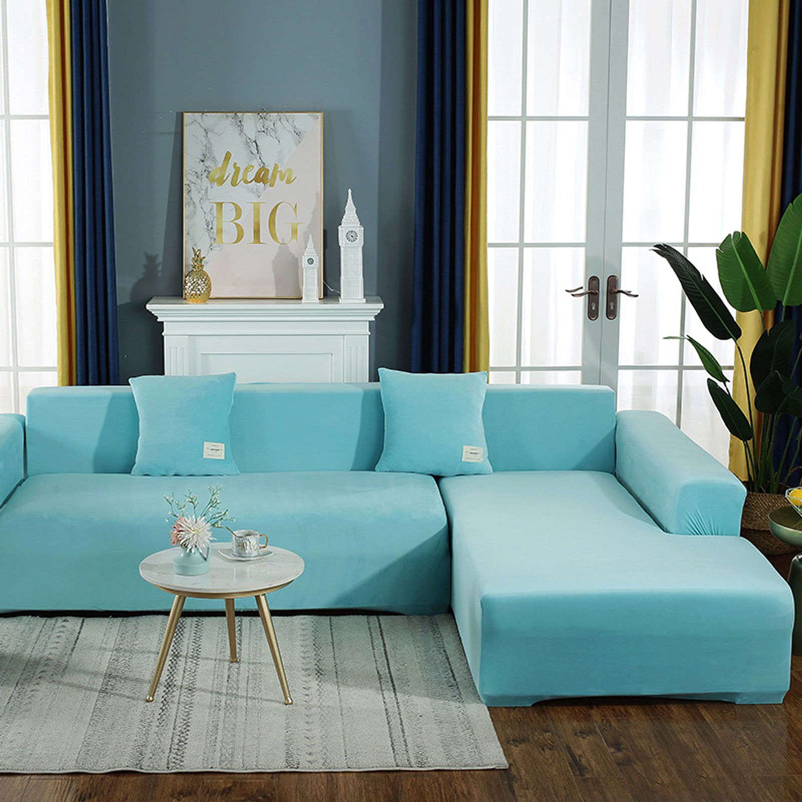 Stretch Sectional Couch Covers - Super Soft Velvet Plush L-Shaped Sofa Cover (2-Piece Set) Washable & Breathable for Living Room - Sky Blue (3+3 Seater) - Perfect for Home Decor, Pet Protection & Furniture Refresh