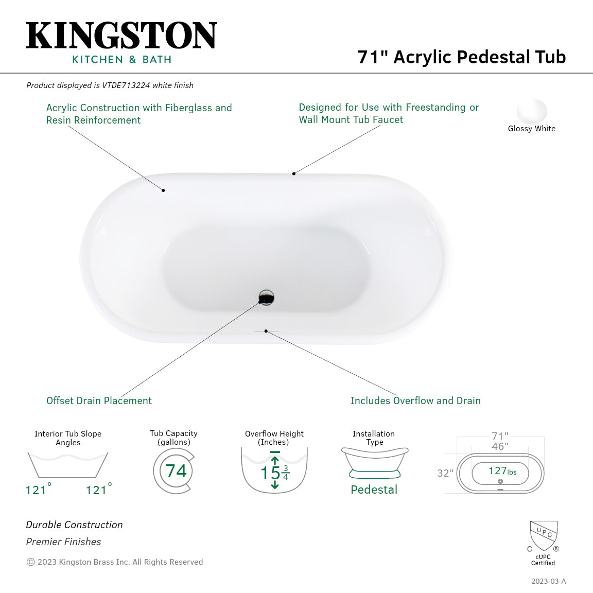 Aqua Eden 71 Inch Acrylic Oval Double-Ended Freestanding Bathtub - Glossy White Pedestal Soaking Tub with Drain (No Faucet Holes) | Luxury Bathroom Centerpiece for Spa-Like Relaxation