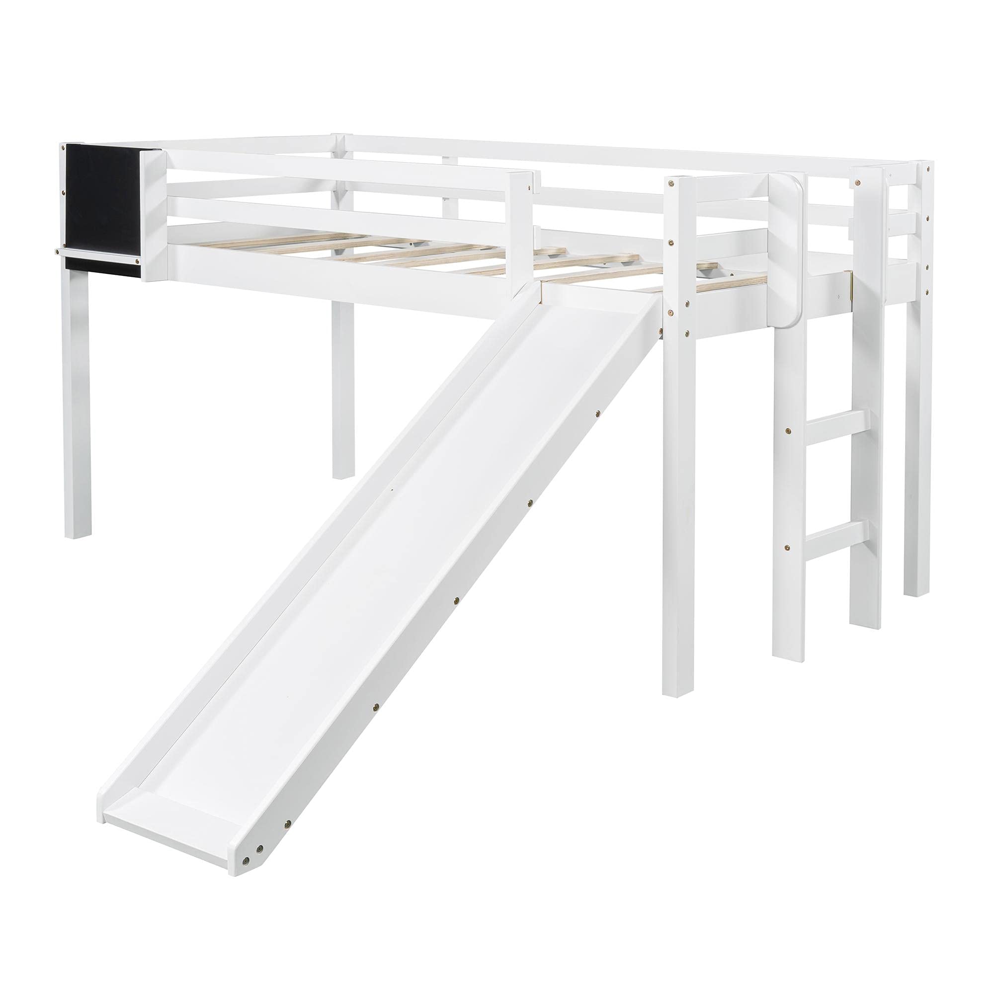 JINS&VICO White Twin Size Low Loft Bed with Convertible Slide & Chalkboard - Wooden Loft Bed Frame with Ladder, Guardrails & Under-Bed Storage - Perfect for Kids & Teens Bedroom (78.1