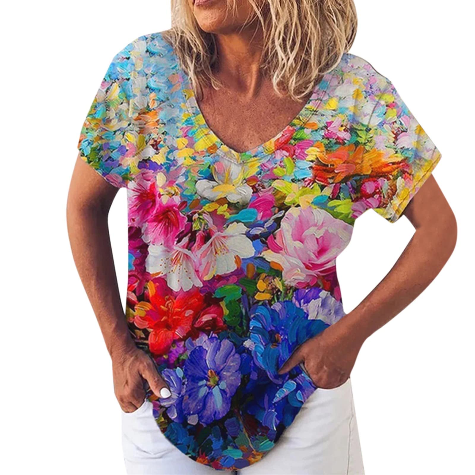 Women's V-Neck Short Sleeve Printed T-Shirt - Fashion Top for Spring & Summer - Casual Blouse for Work, Dating & Everyday Wear