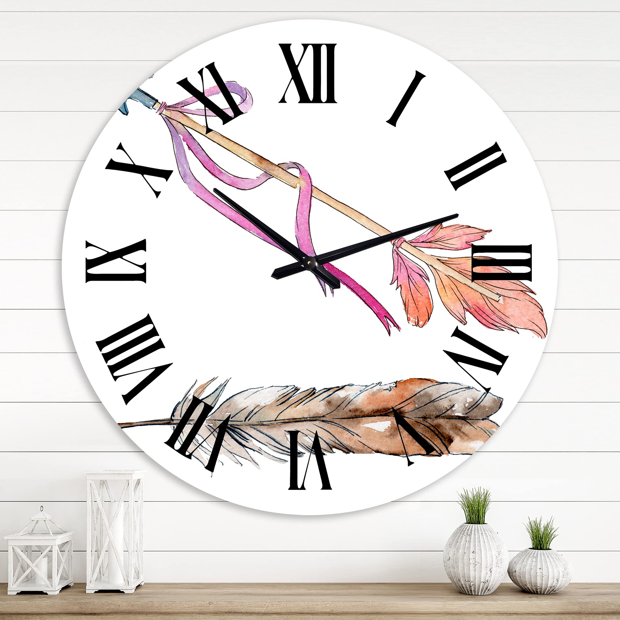 Bohemian Eclectic Wall Clock - Pink Bird Feather Design, Large Animal-Themed Clock for Kitchen, Living Room & Bedroom Decor | Unique Home & Office Wall Art