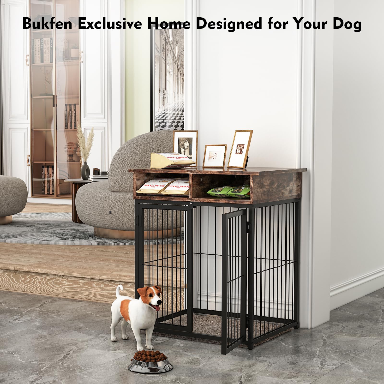 Stylish Wooden Dog Crate Furniture with Removable Cushion - Double Door Design Indoor Dog Kennel & End Table - Perfect for Living Room, Bedroom or Office Pet House