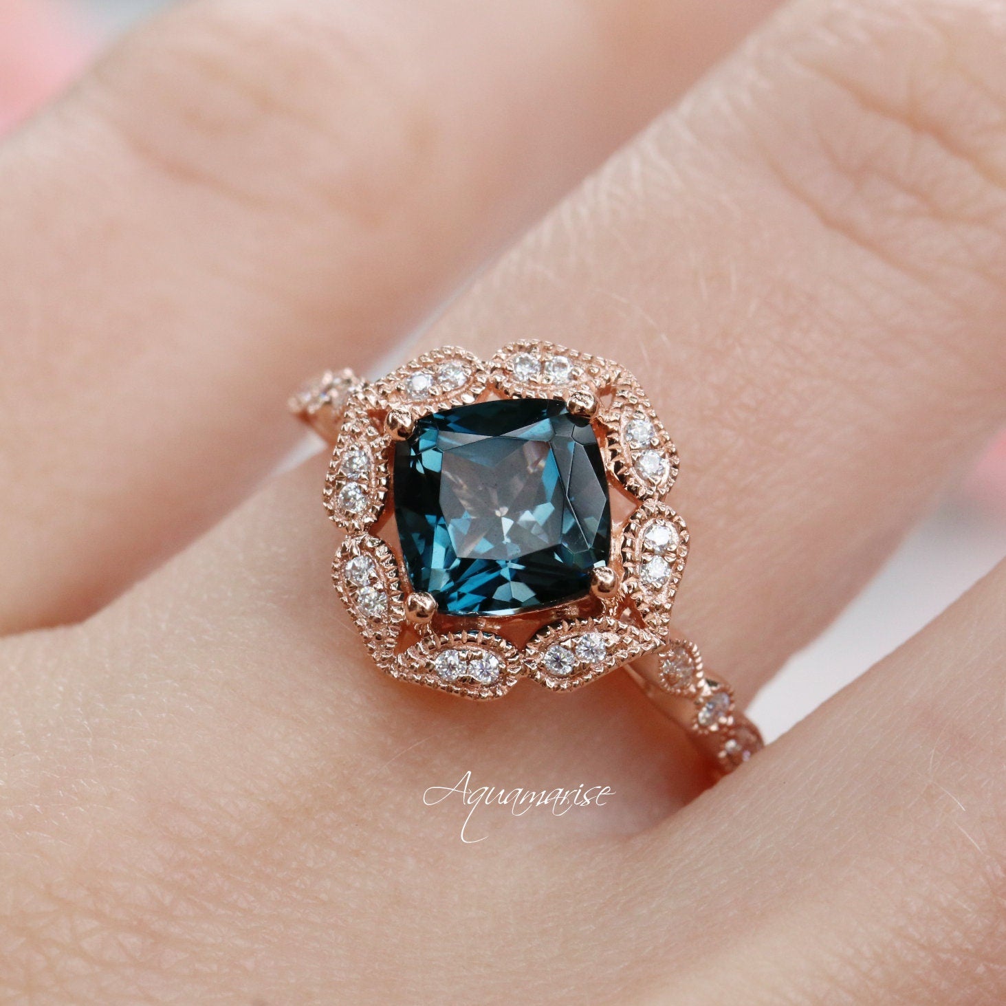 Luxury 14K Solid Rose Gold Cushion Cut Natural London Blue Topaz Engagement Ring for Women - Perfect for Proposals, Anniversaries & Special Occasions