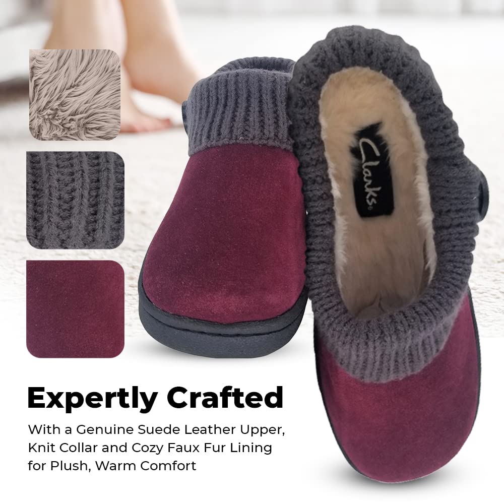 Clarks Women's Suede Leather Comfort Clogs with Knitted Collar & Plush Faux Fur Trim - Cozy Indoor Outdoor House Slippers for Women (Cinnamon/Brown, Size 9M) - Perfect for Lounging, Home Wear & Quick Outdoor Errands