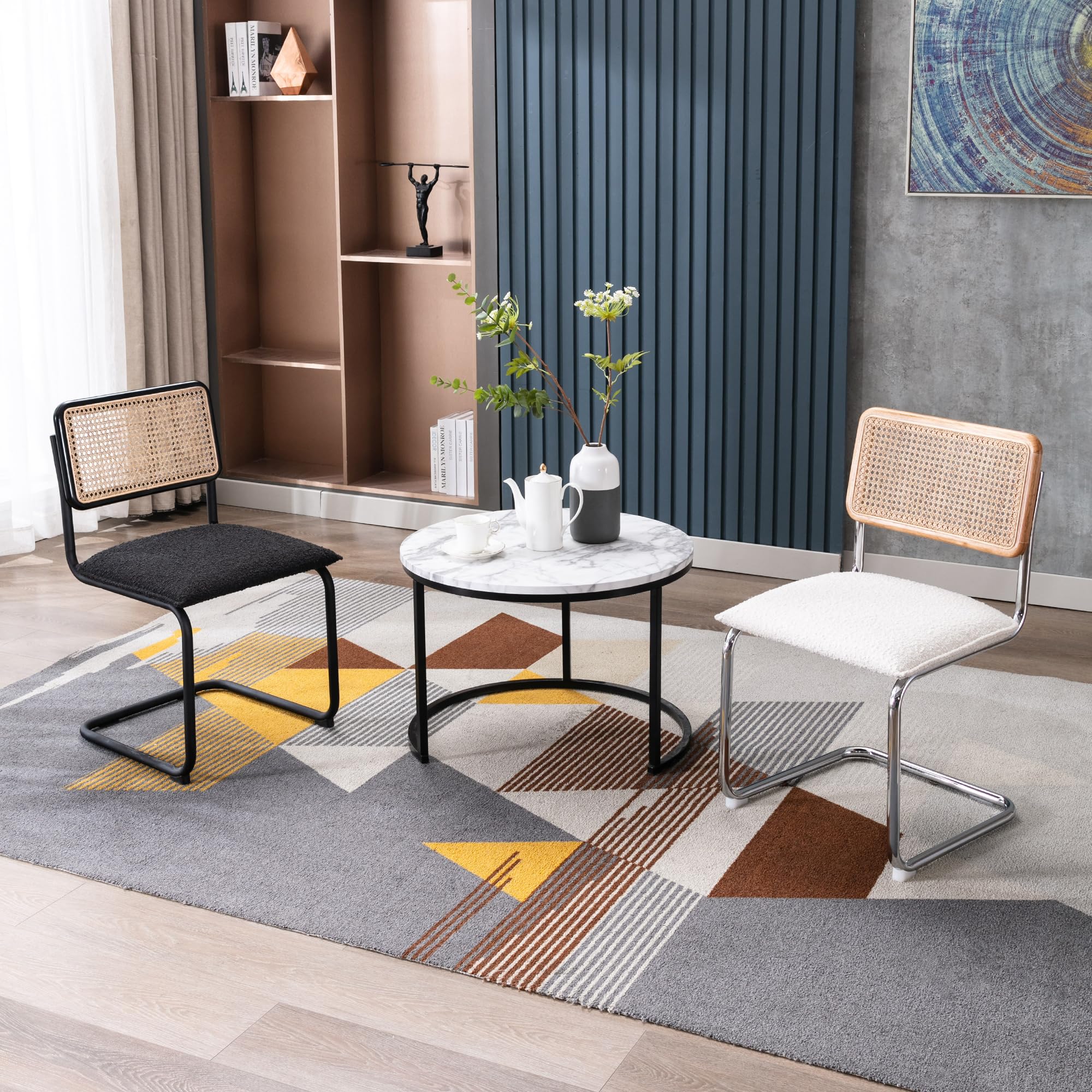 ONEVOG Set of 2 Modern Boucle Dining Chairs - Upholstered Cane Chairs with Natural Rattan Back & Sturdy Metal Frame - Comfortable Accent Chairs for Dining Room, Kitchen or Living Room Decor - Perfect for Small Spaces & Modern Home Interiors (Black)