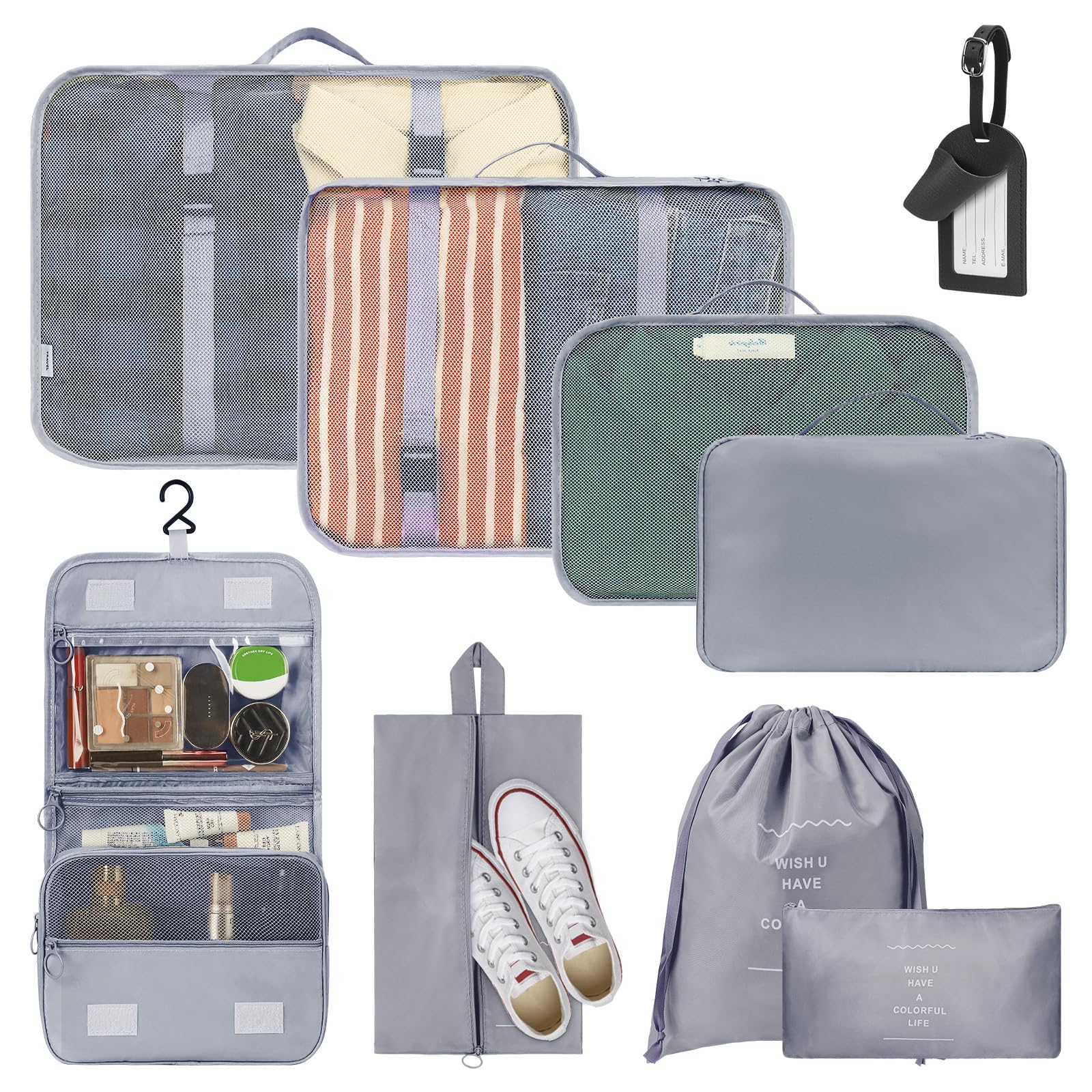 Hestiasko 9-Piece Travel Packing Cubes Set - Waterproof & Lightweight Luggage Organizers for Clothes, Shoes & Cosmetics | Foldable Suitcase Storage Bags for Business Trips, Vacations & Daily Use (Grey)